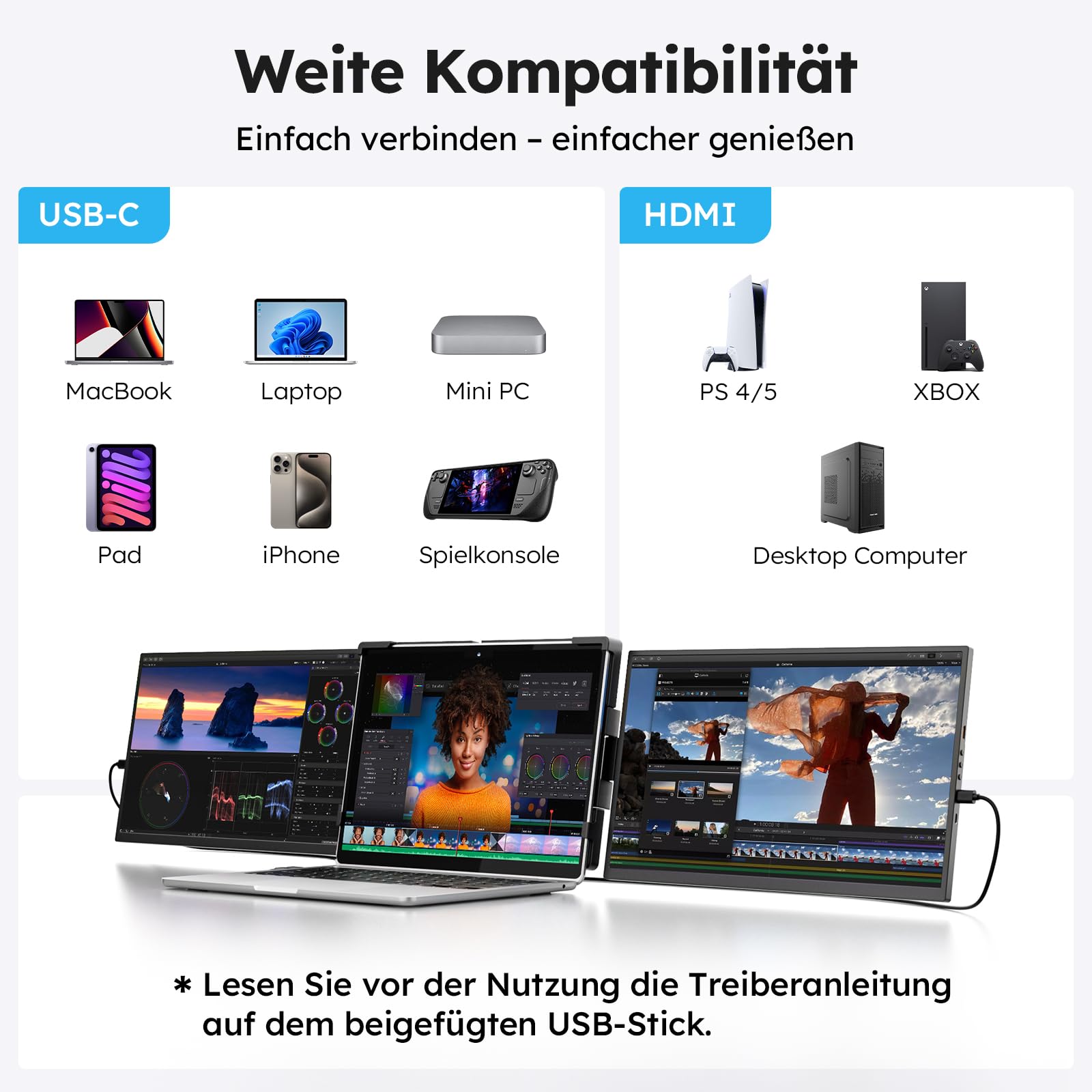 Laptop Screen Extender 15.6", 1080P Triple Laptop Bildschirm Erweiterung | 60Hz Triple Portable Laptop Monitor Erweiterung, mit USB-C/mini HDMI Plug-Play Kompatibel mit 13.3"-17" für Windows/Mac