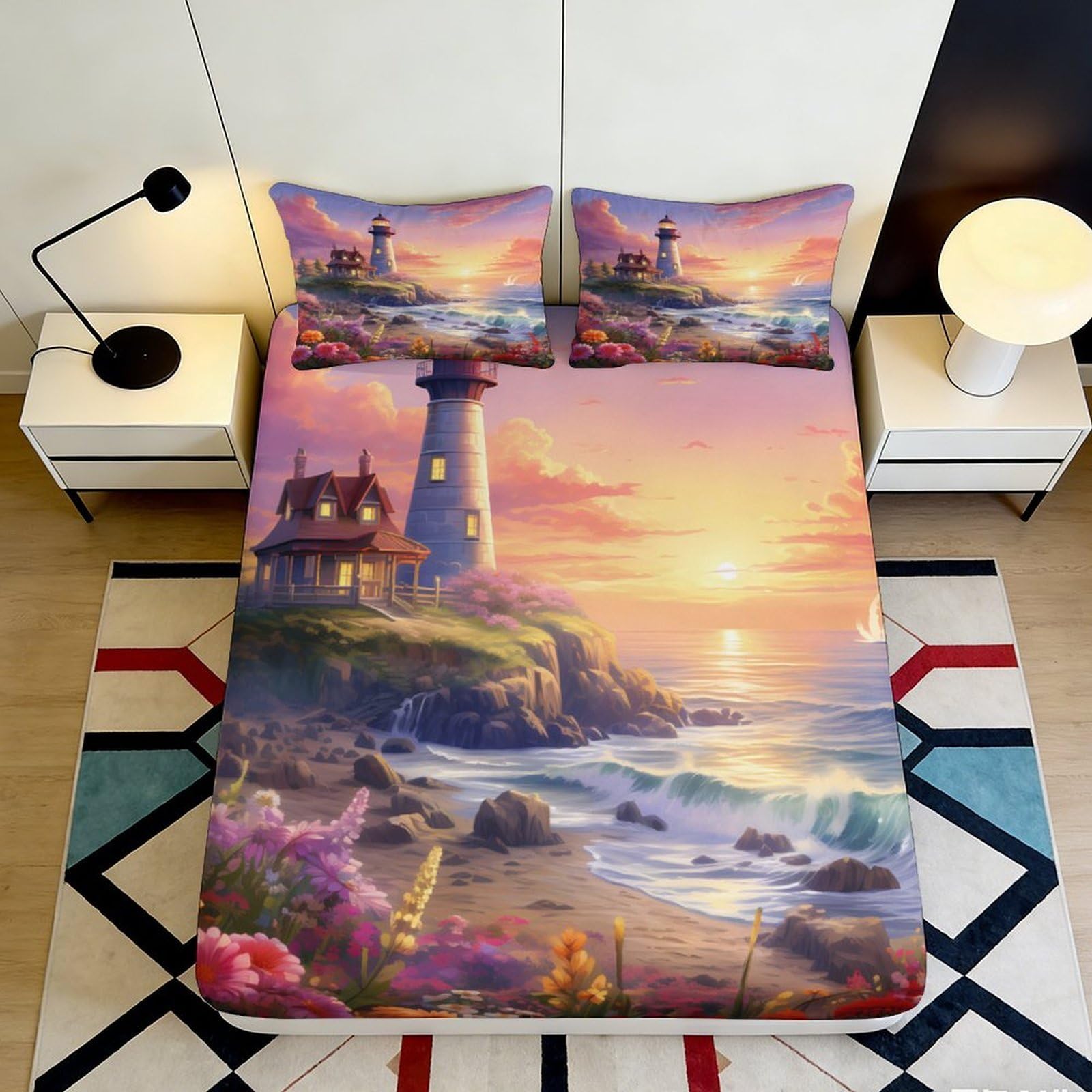 3D Printed Sunset Lighthouse Fitted Sheet Microfiber Soft Coastal Scenery Mattress Cover for Bedroom Guest Room Decor 90x200x25cm