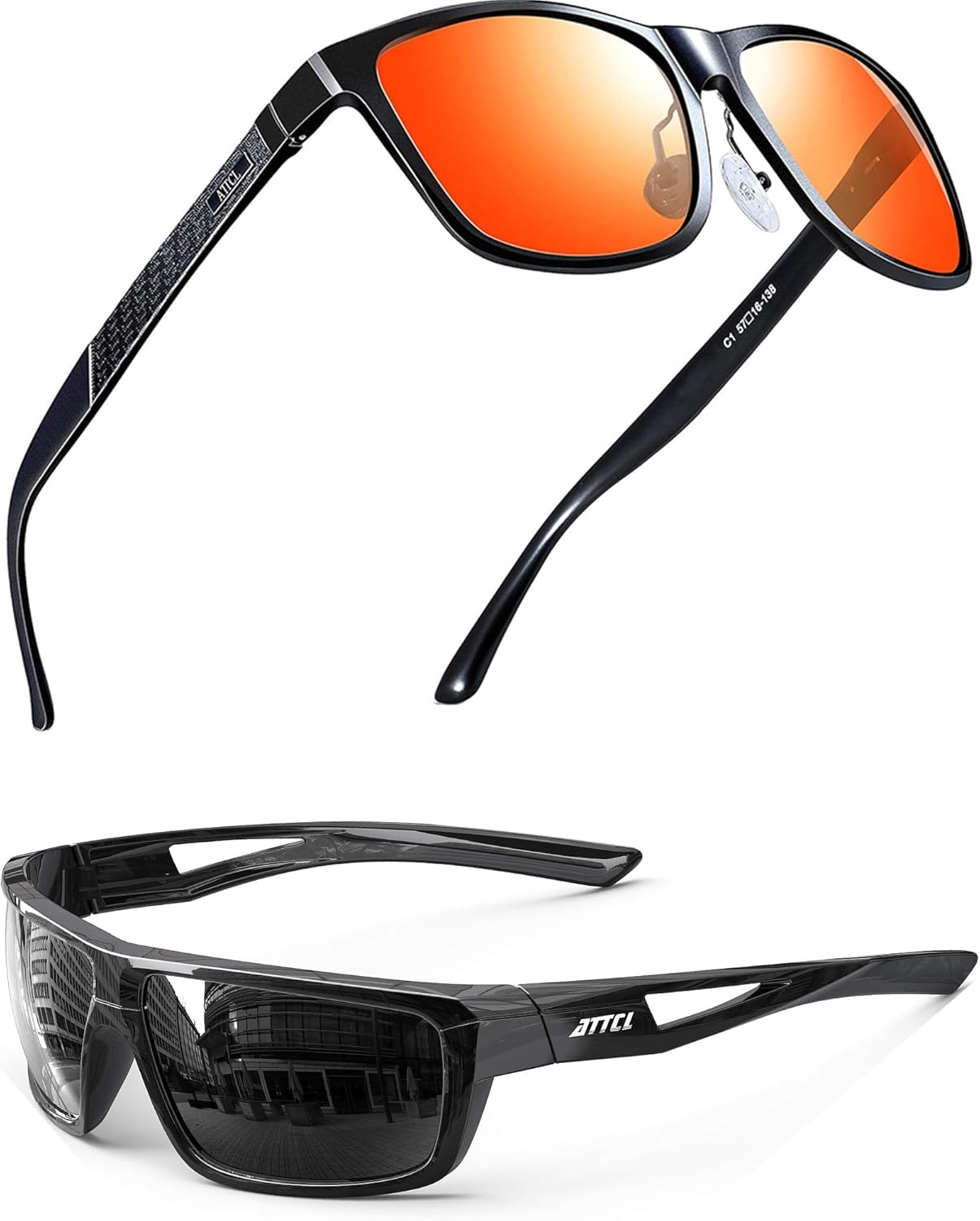 ATTCL Bundle Sports Polarized Sunglasses For Men Cycling Driving Fishing 100% UV Protection:(8587-black-red)+(2021-Black+grey)