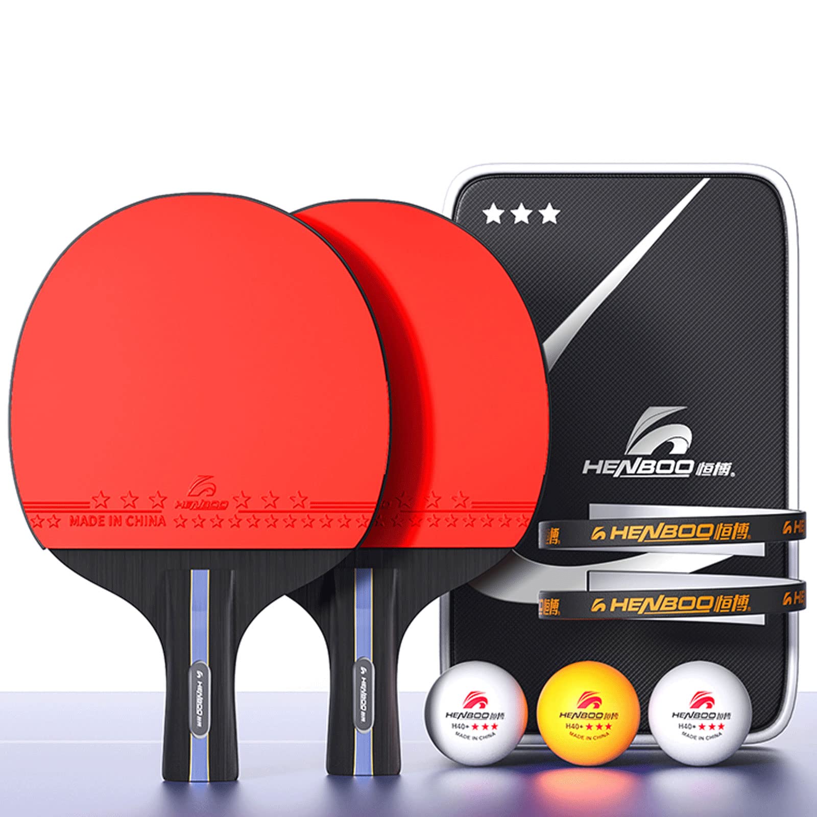 Tischtennisschläger-Set, 3/5-Sterne-Ping-Pong-Schläger, 2 Tischtennisschläger, 3 Bälle (3 Sterne), mit tragbarer Tasche, professioneller Schläger für Trainer, Amateure, Anfänger, Fortgeschrittene, T