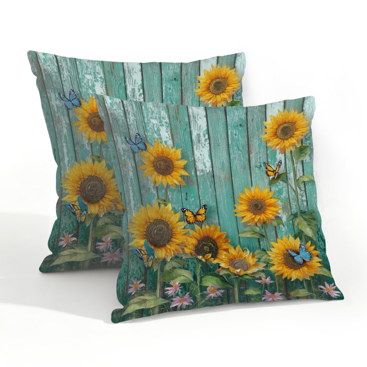 Outdoor Pillow Covers Waterproof Pillowcases 20x20in Set of 2 Sunflowers Butterfly On Old Teal Wooden Decorative Throw Cushion Case for Couch Sofa Garden Patio Furniture
