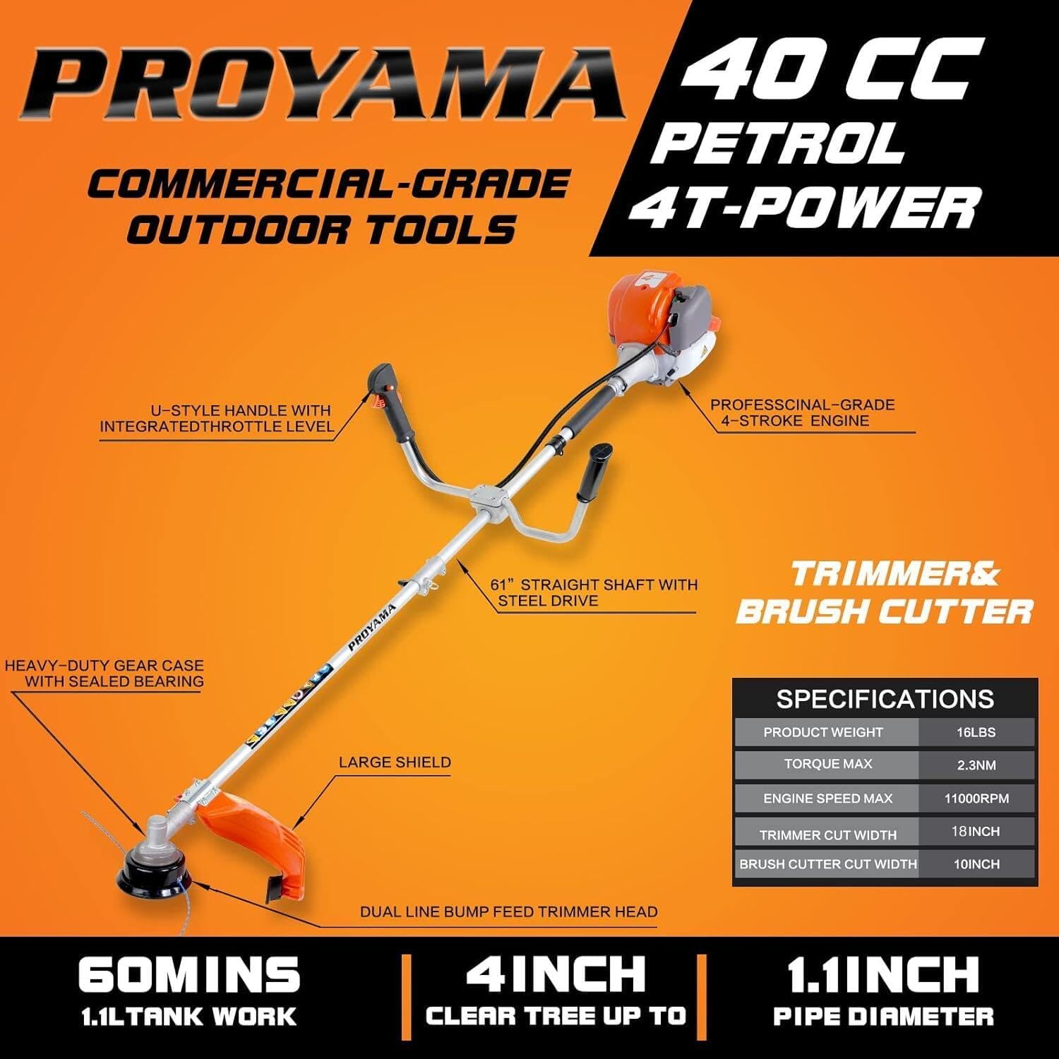 PROYAMA 40cc Gas Powered Brush Cutter, 4-Cycle Heavy Duty Weed Eater, 3 in 1 Dual Line Gas String Trimmer and Grass Trimmer, Weed Wacker