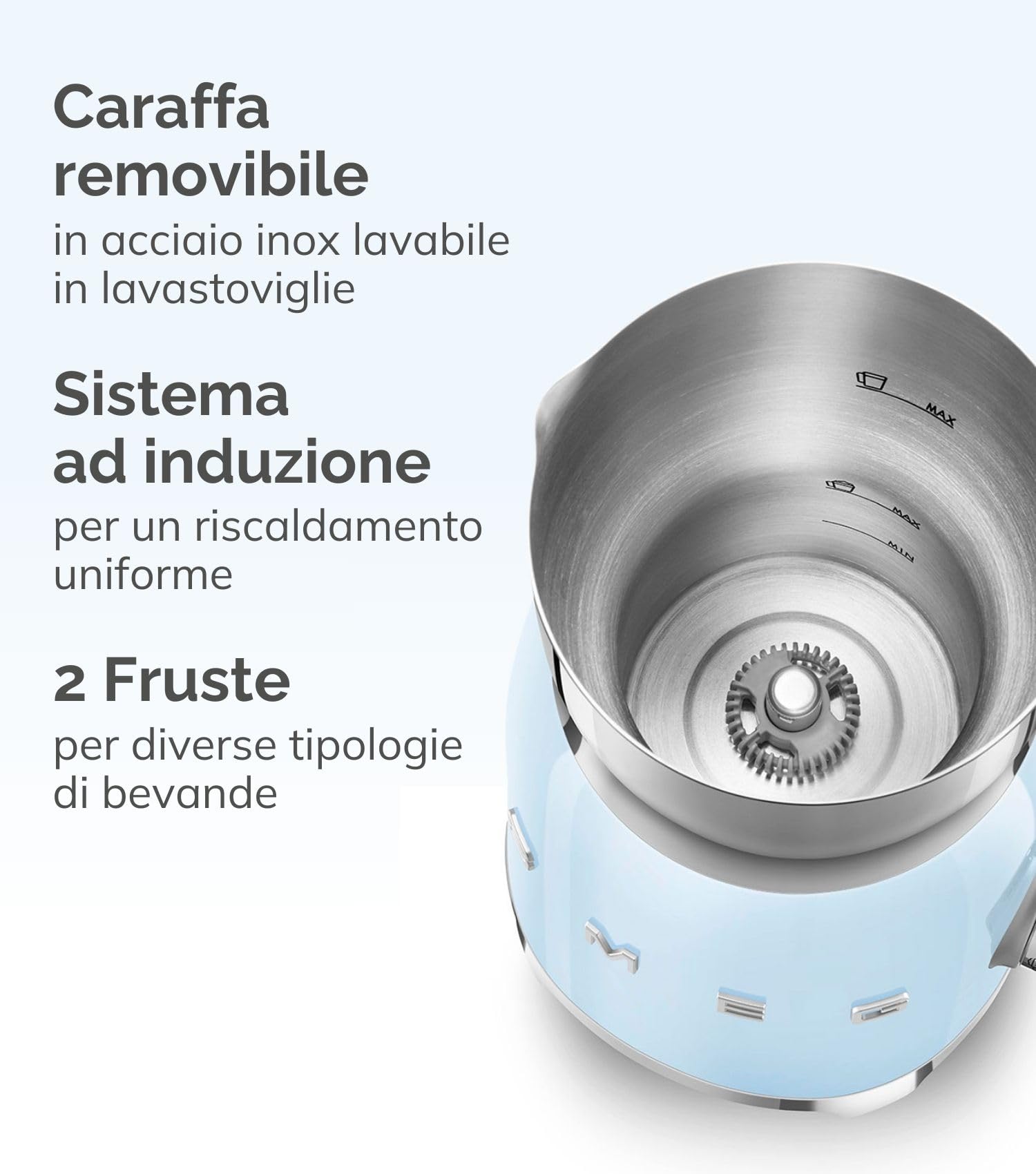 Smeg, Montalatte Multifunzione MFF11BLEU, con Sistema ad Induzione, 6 Programmi Preimpostati, Una funzione Manuale, Caraffa Removibile da 600 ml, Tappo Misuratore, Avvolgicavo Integrato, 500W, Nero