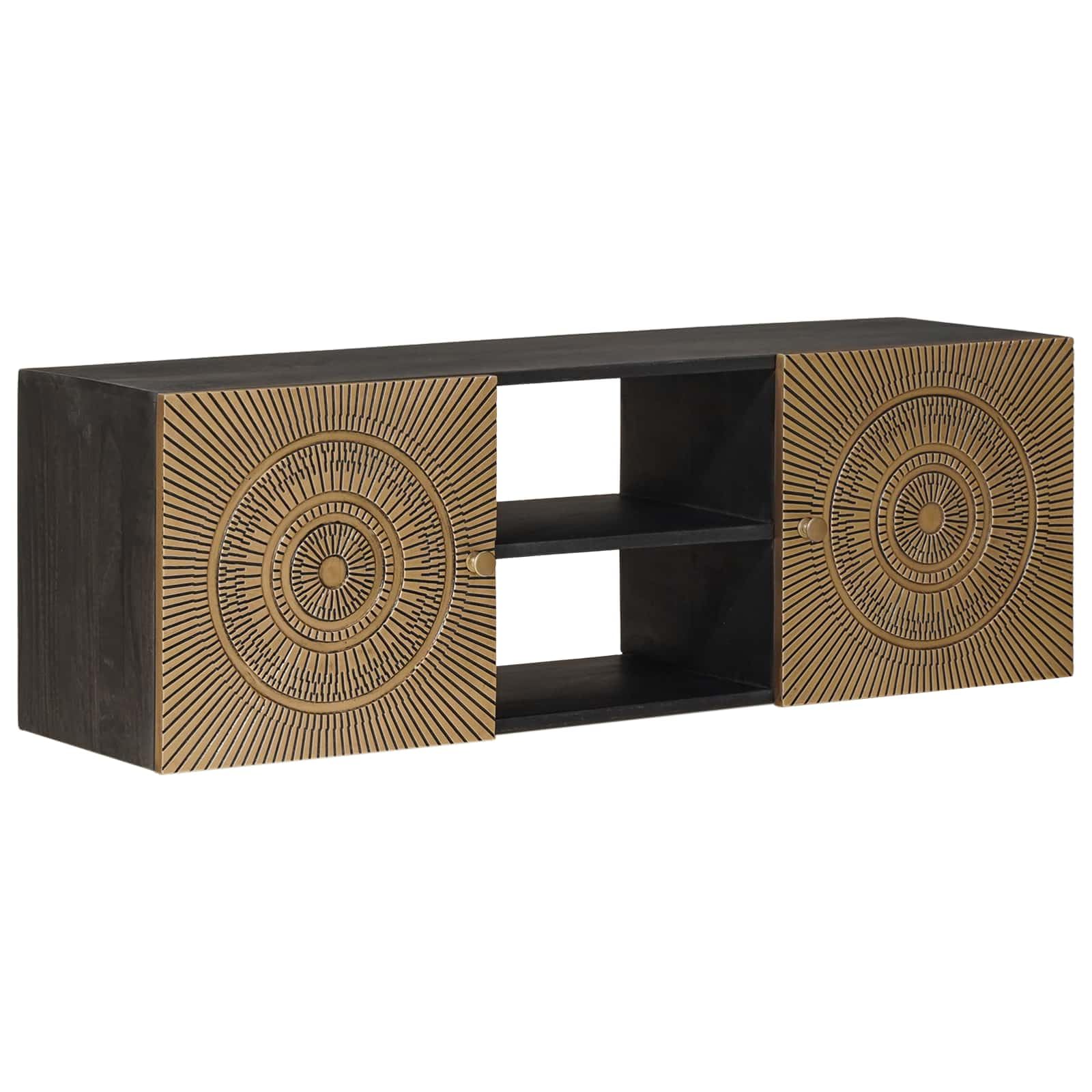 TV-Schränk mit Regal aus massivem Mangoholz und Messing 105 x 30 x 35 cm, modernes Wohnzimmer Lowboard mit Stauraum für Heimkino, HiFi, DVD, Blu Ray und Gaming Zubehör