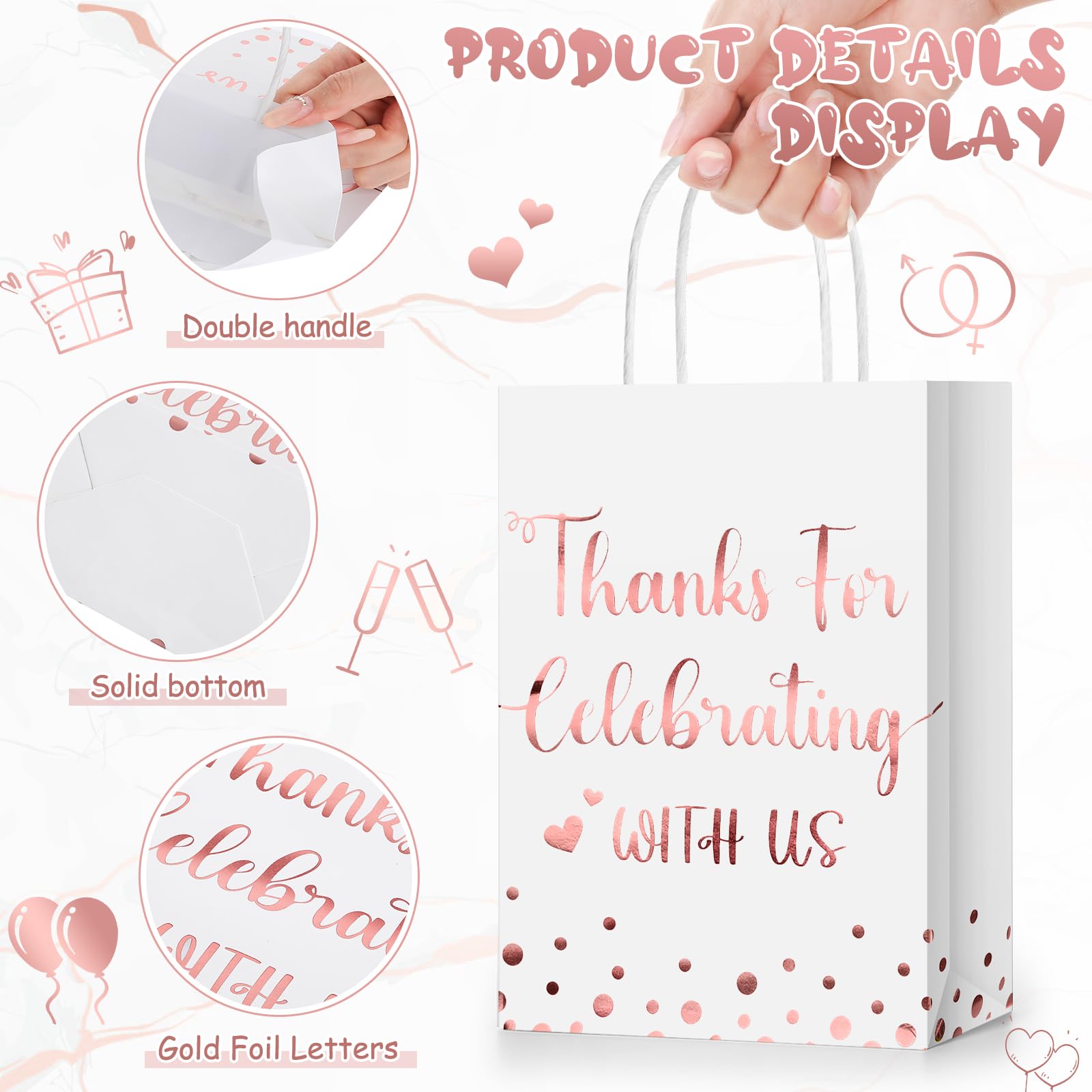 Ctosree 50 Pcs Wedding Gift Bag Thanks for Celebrating with Us Paper Bags Wedding Gift Bags with Handle for Hotel Guests Wedding Gift Bag for Bridal Shower Party Favors (White, Rose Gold)