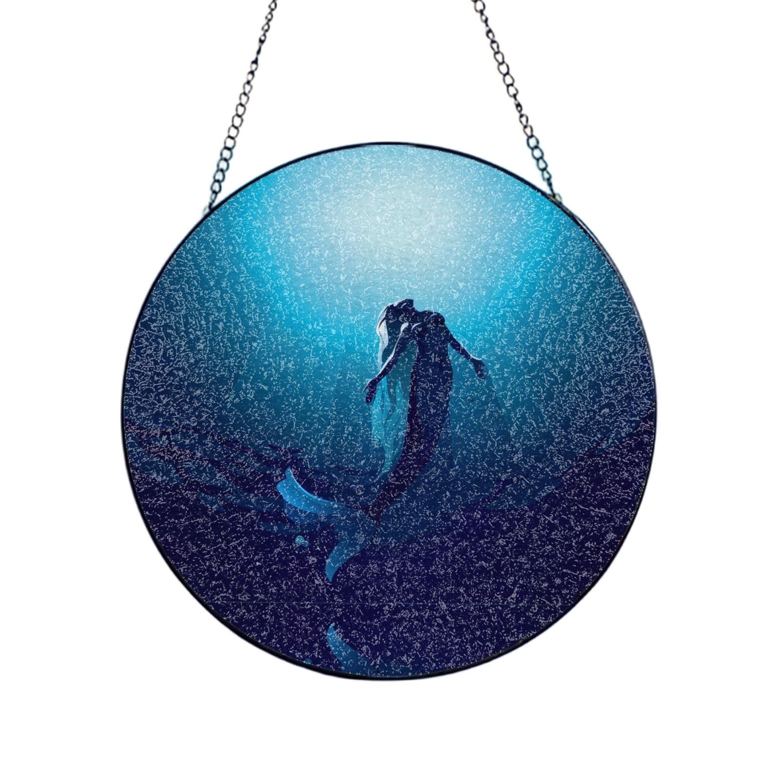Phayah Blue Mermaid Print Glass Window Hanging Sun Catchers Suncatcher Decor For Birthday For Home Garden Porch 12in（30cm）