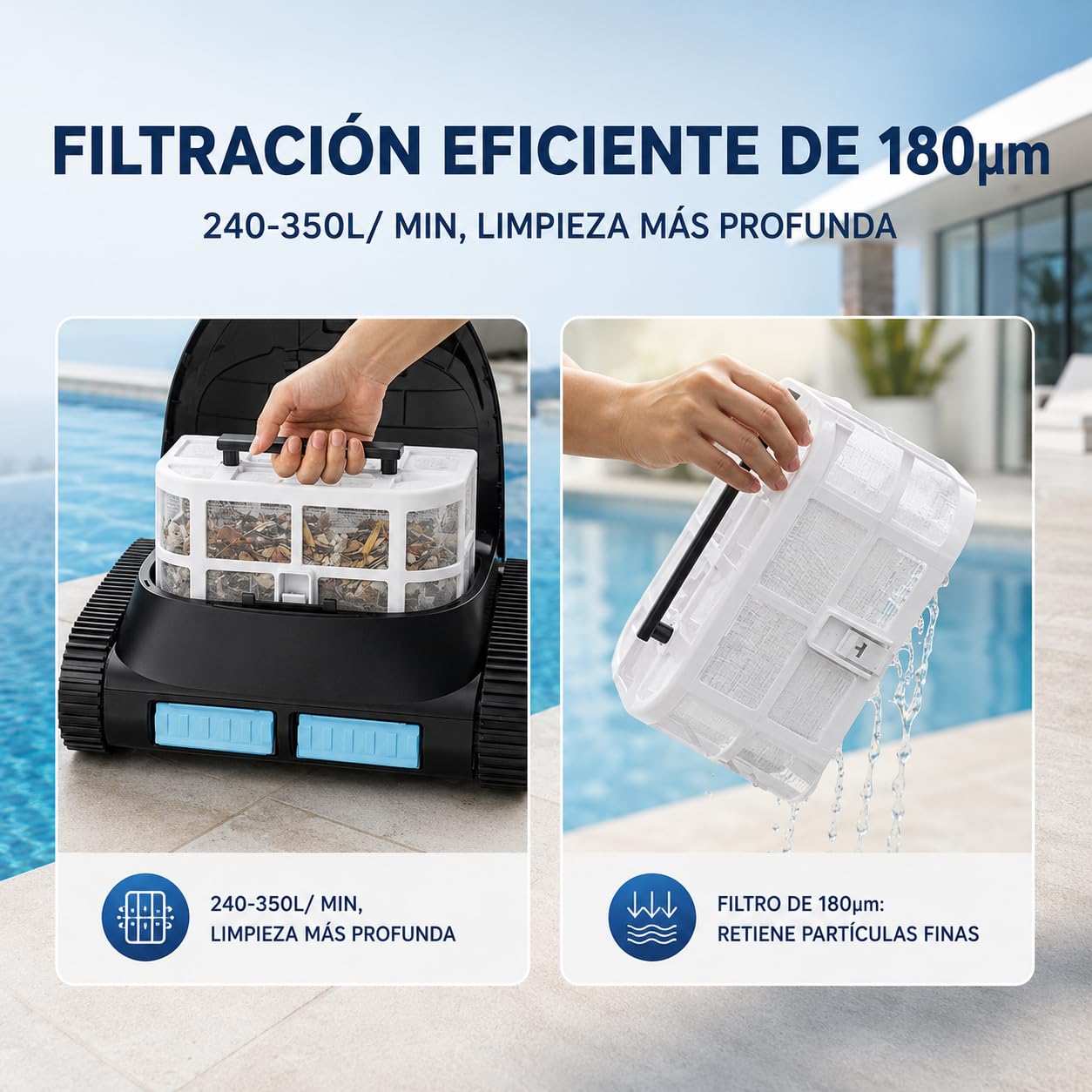 Robot Limpiafondos de Piscina Inalámbrico Automático, Limpieza de Suelo y Paredes, hasta 180 Minutos de Autonomía, Navegación Inteligente, para Piscinas Enterradas y Elevadas