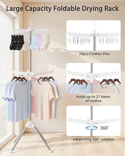 Miniatura 3 de Tendedero plegable para ropa  Estante de secado de ropa de 2 niveles, perchero portátil con barra giratoria para ropa con 24 clips y 3 brazos