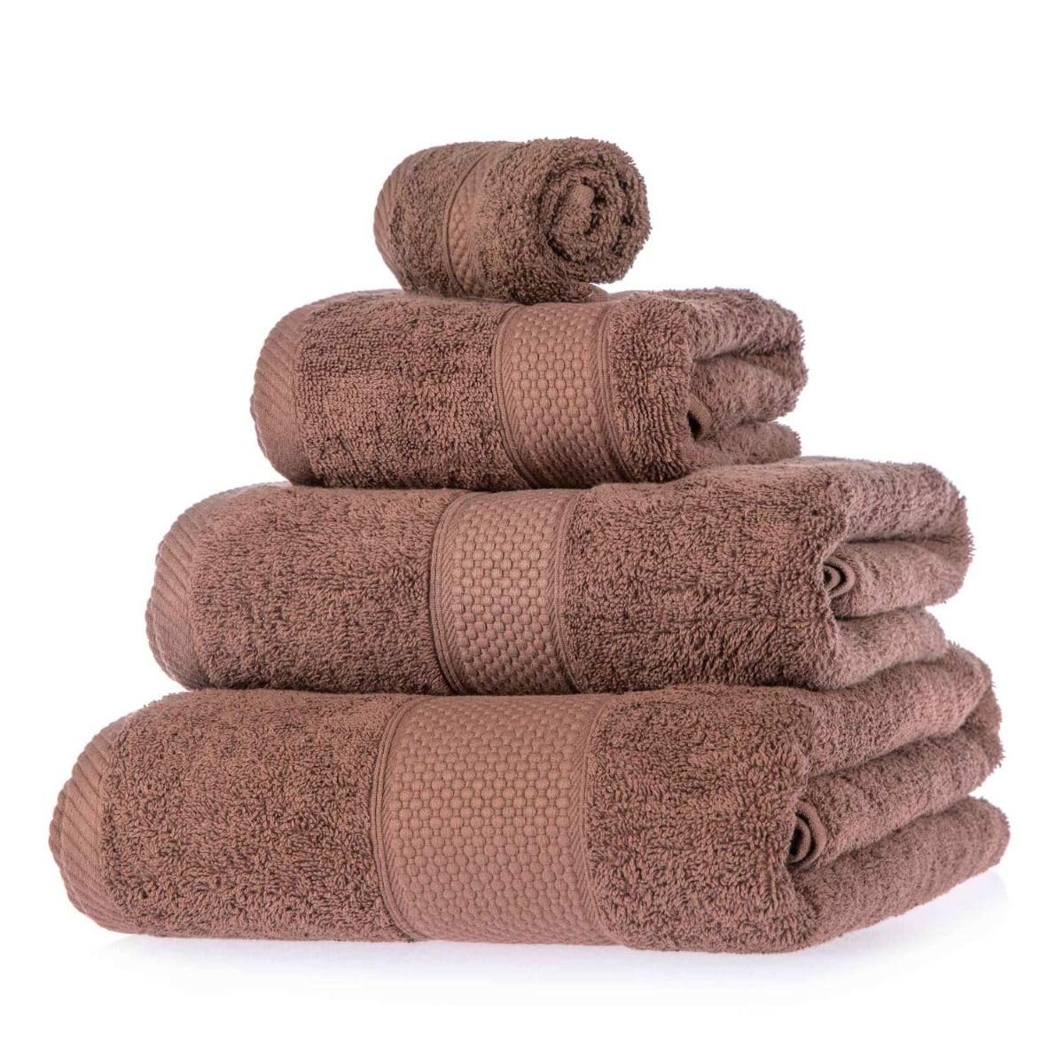HOMESCAPES Chocolate Brown Turkish Cotton 4 Piece Towel Set Soft & Absorbent 500 GSM Heavyweight Face Cloth, Hand Towel, Bath Towel & Bath Sheet Towel Bale
