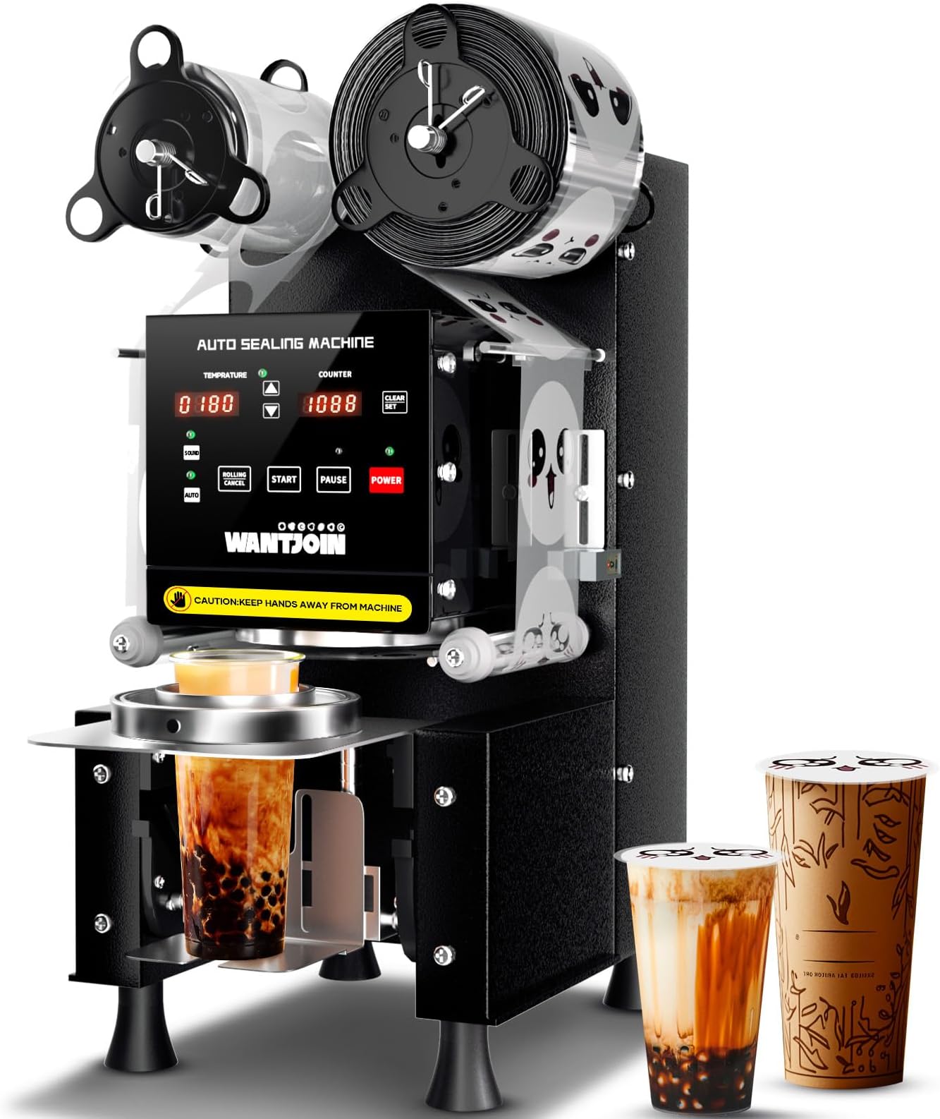 WantJoin Cup Sealing Machine Full Automatic Cup Sealer Machine 90/95mm Electric Cup Sealing Machine 500-600 Cups/H Digital Control LCD Panel Cup Sealer for Bubble Milk Tea Coffee Black