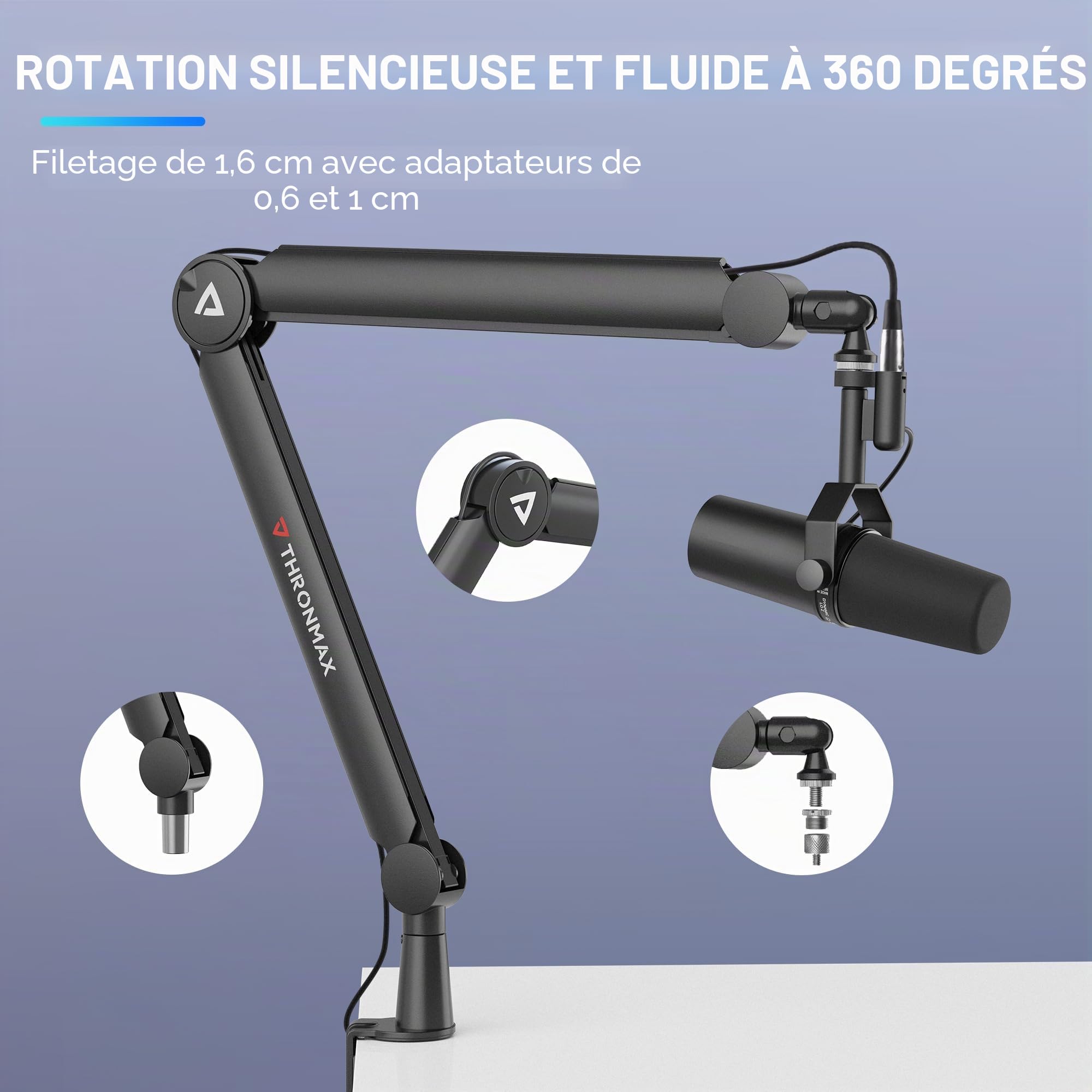 Thronmax-S8 Bras Micros, Supports pour Micros Réglable rotatif à 360 °, Pied de microphone à Ciseaux avec Câble Intégré en acier inoxydable pour Blu Yeti, 1/4“，3/8" to 5/8" Universelle