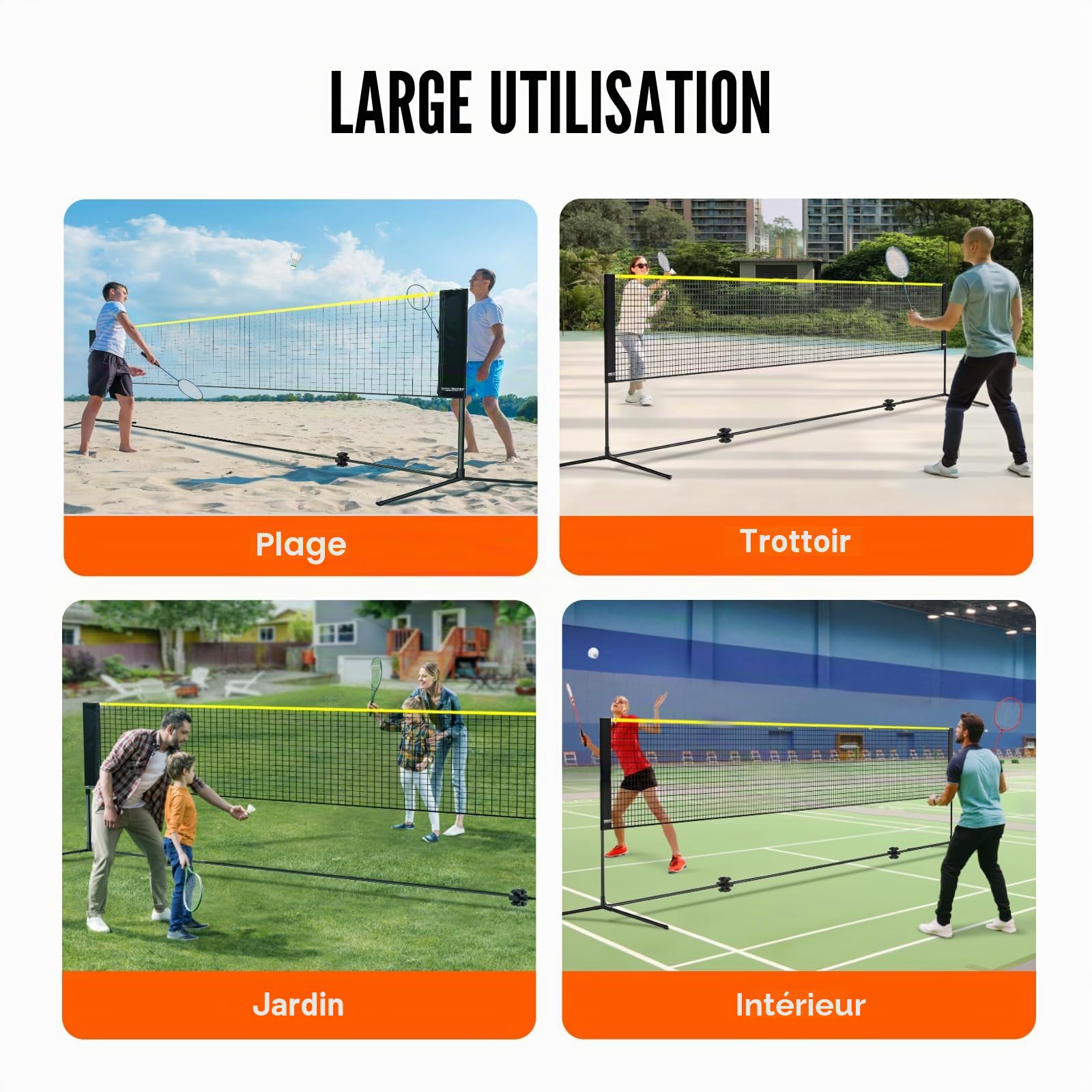 VEVOR Filet de badminton, 6,06 m, filet pliable de volley-ball réglable en hauteur, filet de tennis portable avec poteaux, support et sac de transport, pour les jeux intérieur et extérieur de l'enfant