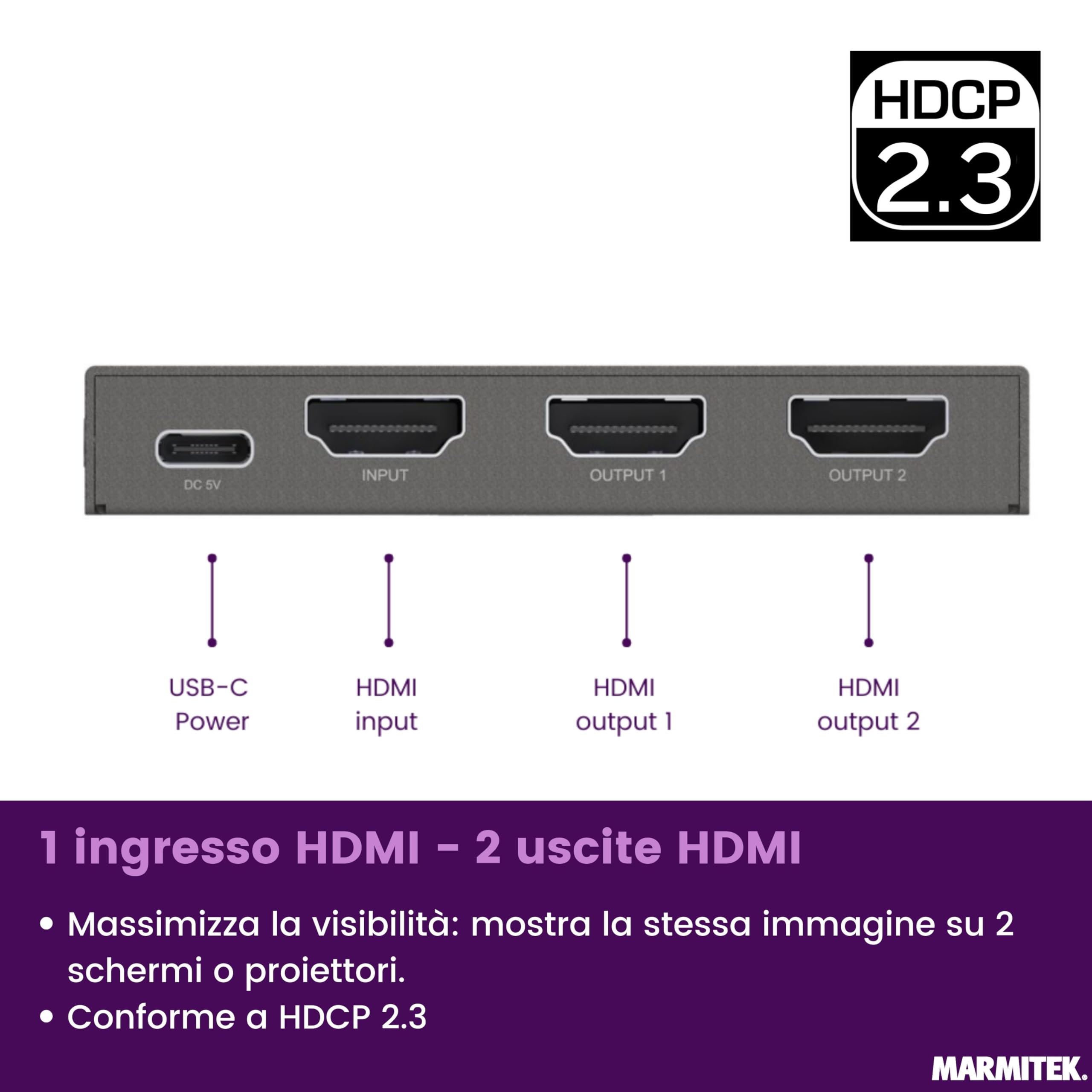 Marmitek Split 712 - Splitter HDMI 8K60 4K120 1 ingresso 2 uscite | Ripartitore HDMI 2.1 per gaming, VRR, ALLM, QMS, QFT, Downscale EDID, 40 Gbit/s, HDCP 2.3 e scocca metallica