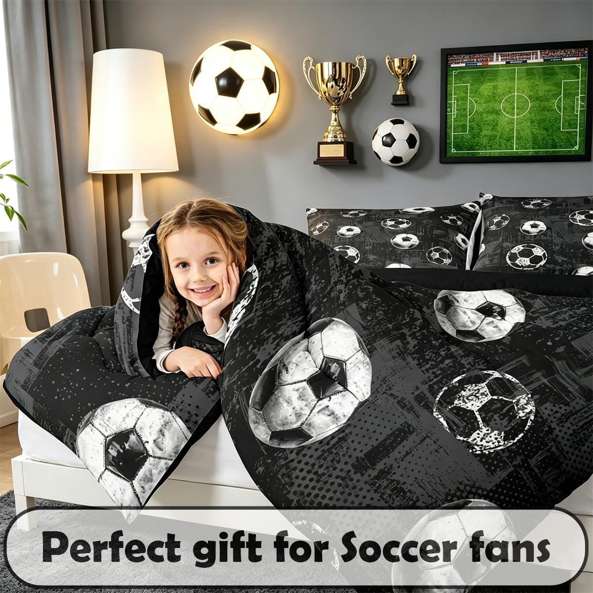 jejeloiu Boys 3D Soccer Comforter Set Toddler Kids Football Bedding Set for Girls Teens Sports Ball Gaming Duvet Quilt Room Decor image 4