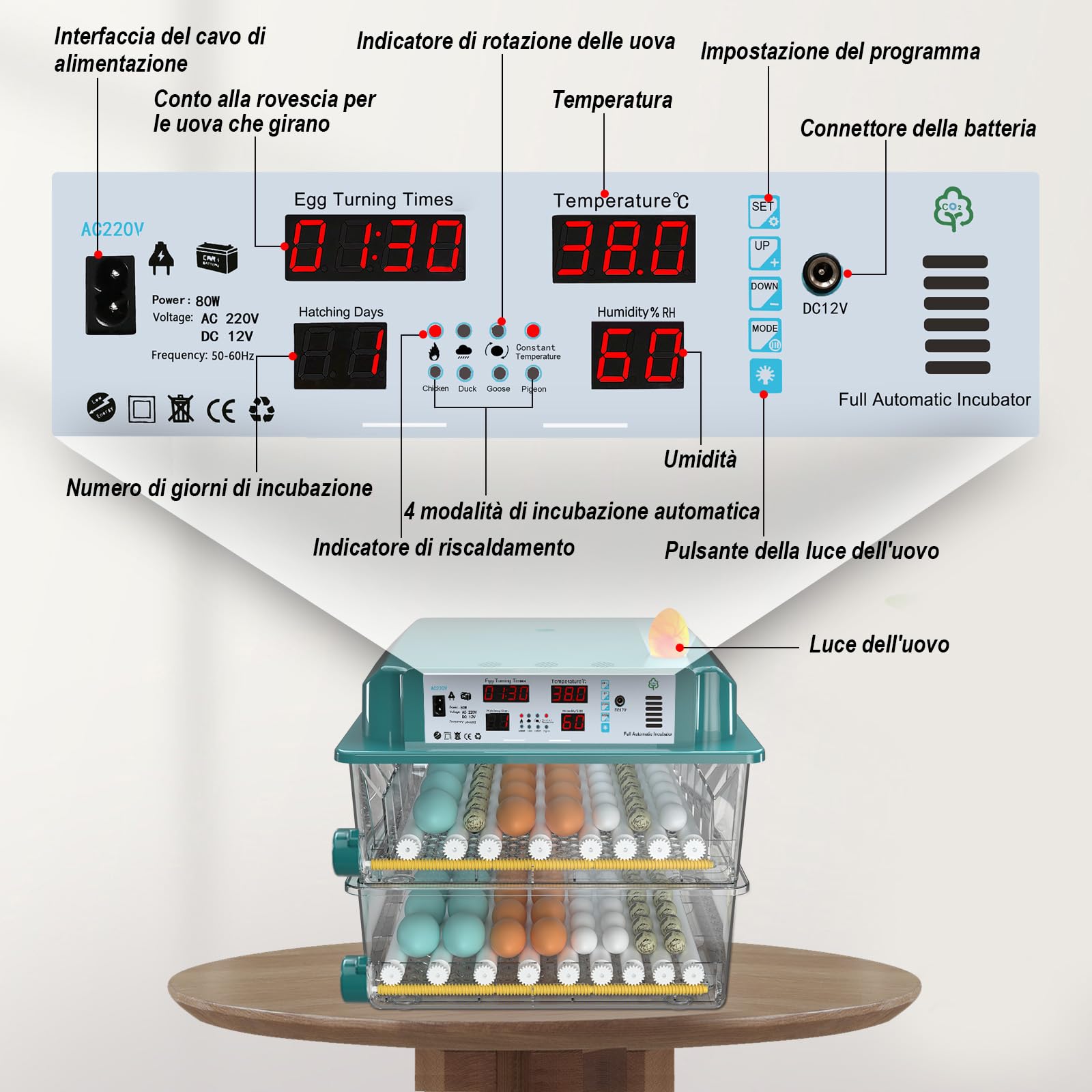 CoInceptus Incubatrice per Uova Automatica, Incubatrice da 120 Uova con Tornitura Automatica delle Uova e Umidificazione Automatica, Incubatrice per Uova di Gallina, Quaglia, Anatra