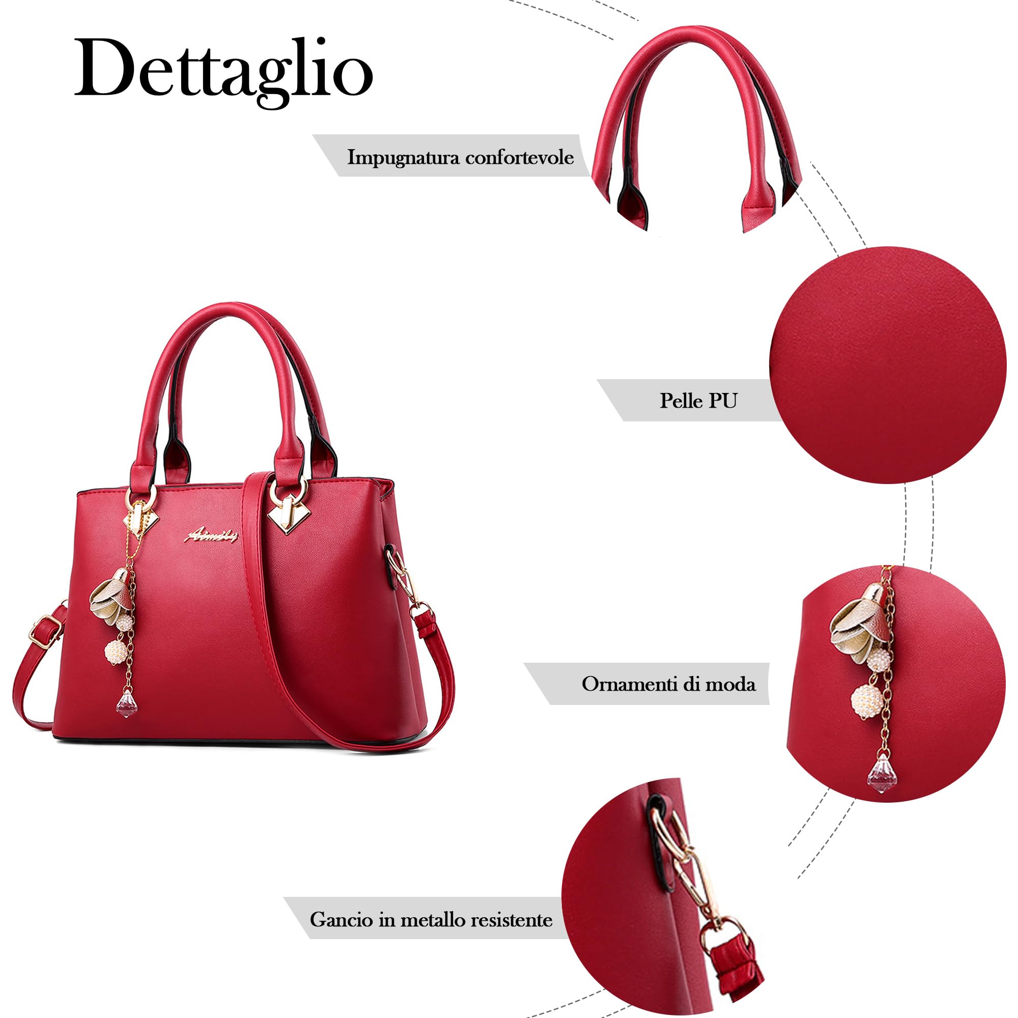 Borsa Donna a Mano Elegante – Borsa a Tracolla con Tracolla Regolabile e Staccabile, PU Pelle Impermeabile, Grande Capacità per Lavoro, Viaggio e Shopping Bordeaux