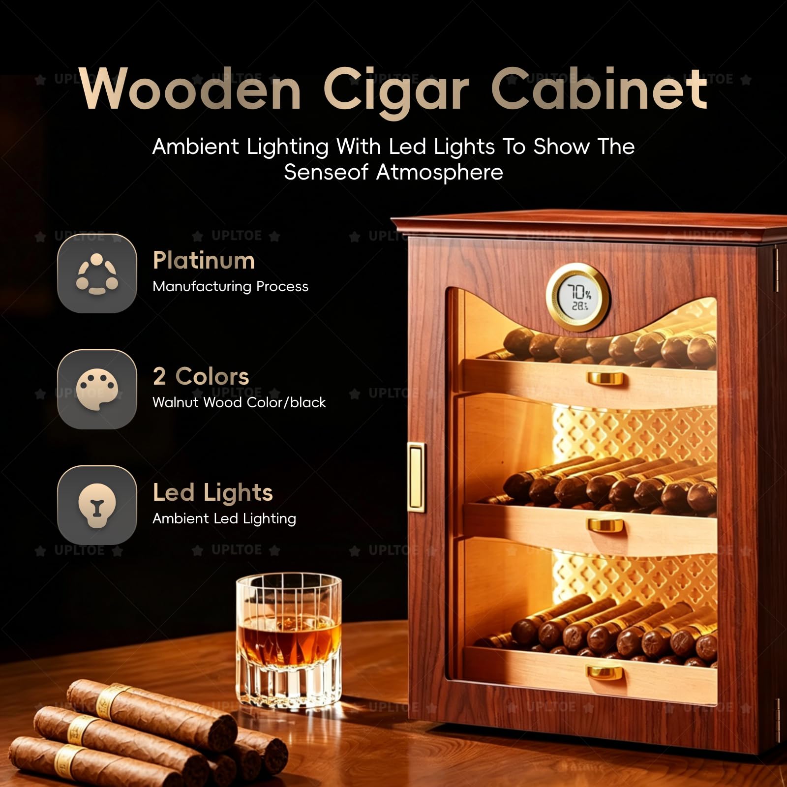 Biurkowa szafka humidor | do 130 sztuk | Precyzyjny elektroniczny higrometr | Cedrowe półki | 28×28×37 cm | 5,9 kg | Do przestrzeni mieszkalnych (użytku domowego) Black