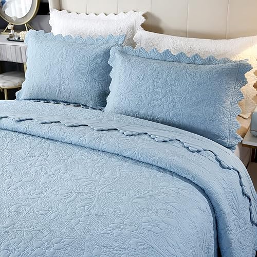 Miniatura 3 de vctops Juego de edredón acolchado de algodón bordado de 3 piezas, reversible, ligero, edredón de flores y hojas de granja con fundas de almohada