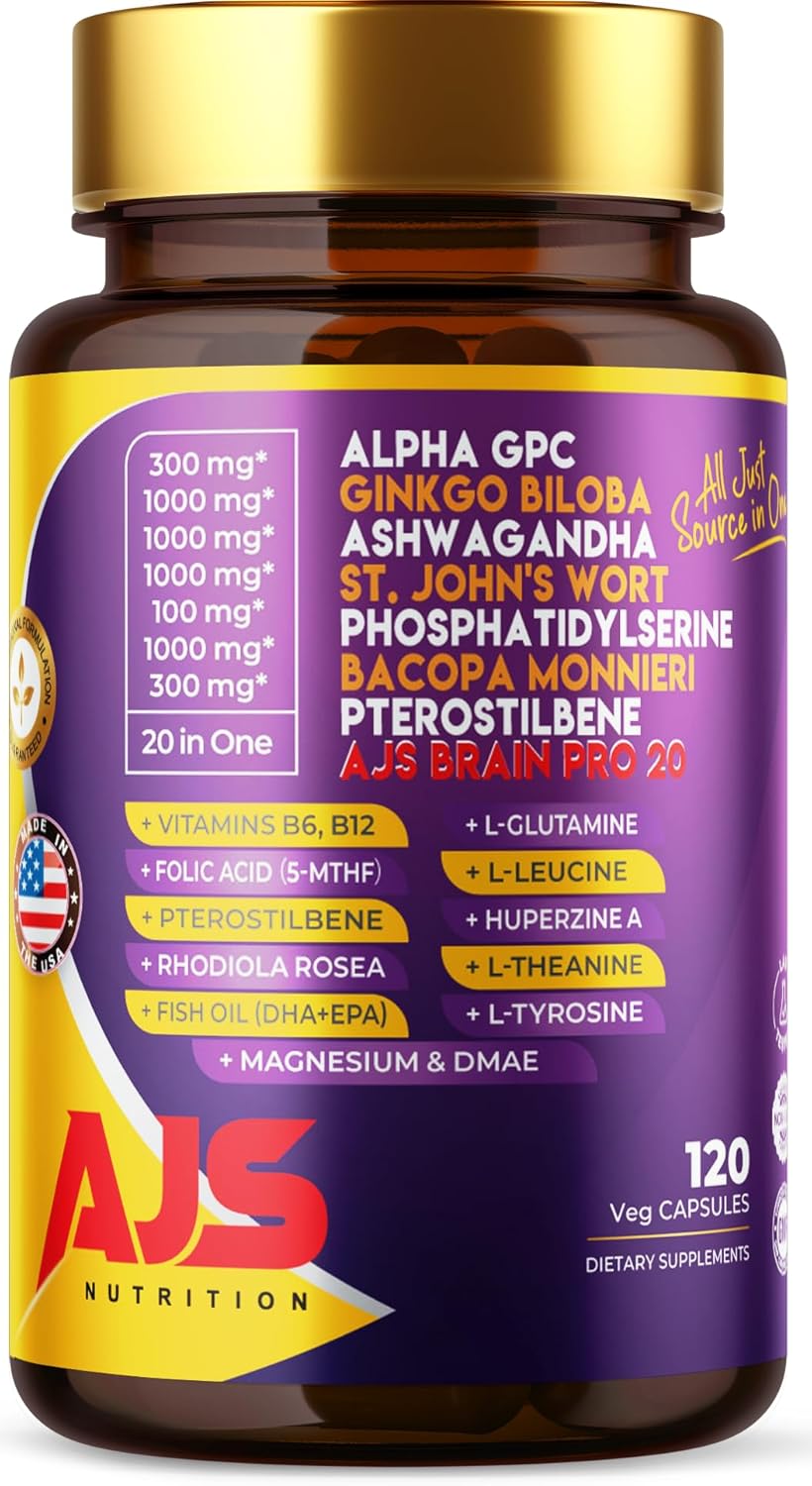 AJS Alpha GPC Nootropic Brain Supplement 90CT,Phosphatidylserine,St. John'sWort Ginkgo Biloba, Ashwagandha,Bacopa Monnieri,Pterostilbene,Magnesium Glycinate,Ginkgo Biloba (90 Count (Pack of 2))