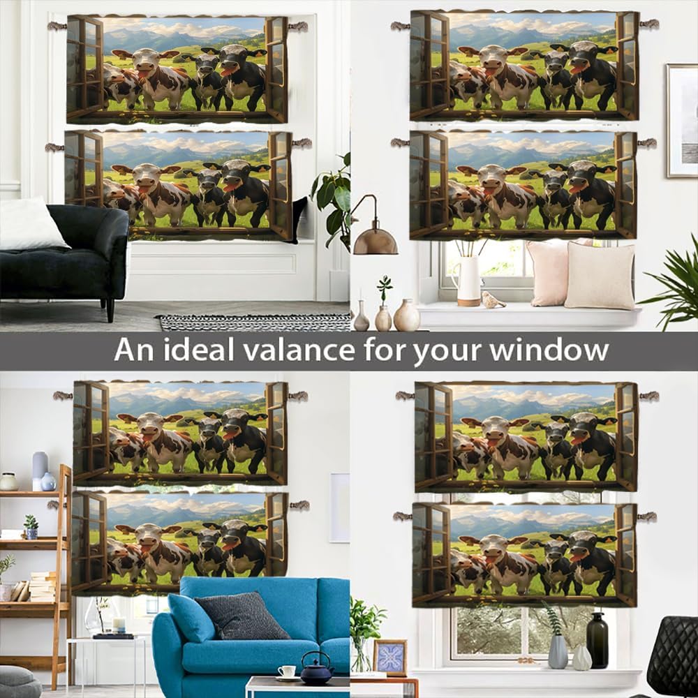 2 Panels Retro Rustic Cow Valances for Windows, Farmhouse Animal Floral Field Rod Pocket Valance Curtains Home Decor Window Treatment for Kitchen/Living Room, 54" W X 18" L