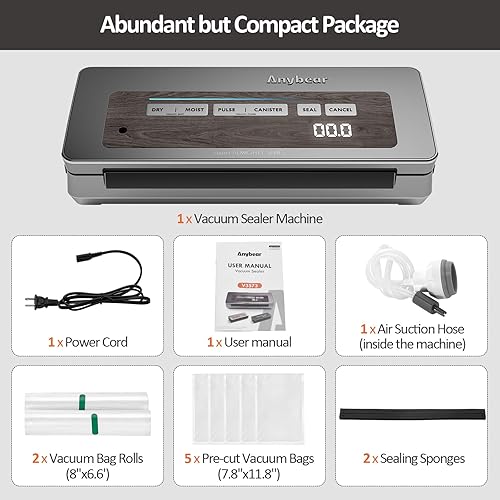 Miniatura 7 de Máquina selladora al vacío, potente sellador de alimentos de 90 kPa y 120 W, cortador integrado y almacenamiento de bolsas, pantalla digital de