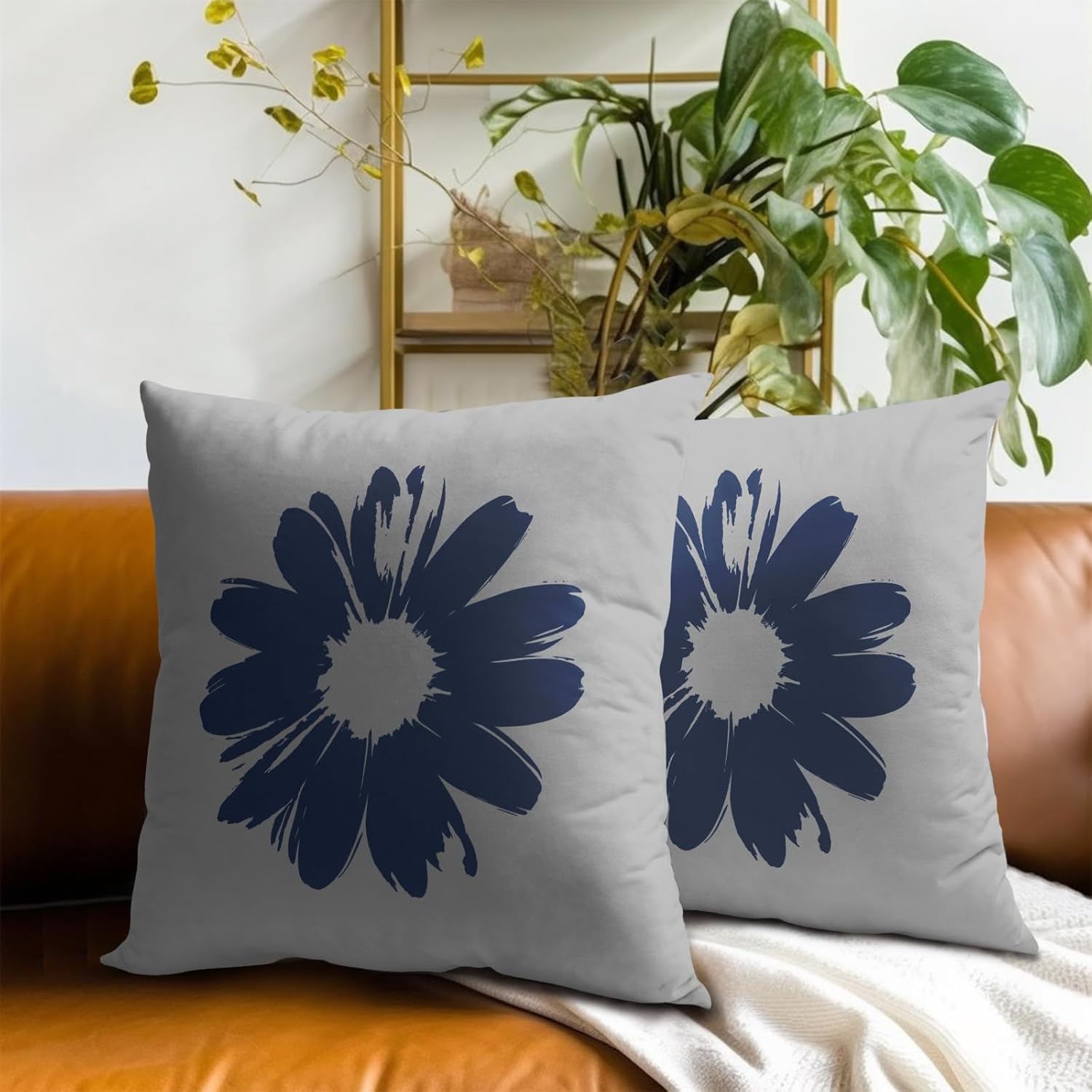 Imiss Navy Blue Daisy Pillow Covers 18x18 Inch Gray Colored Floral Decorative Throw Pillow Case Set of 2 Modern Abstract Flower Cushion Cover for Home Sofa Bedroom Porch Outdoor - Image 7
