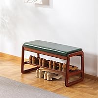 SOBIBO 2-Tier Solid Wood Shoe Bench with Faux Leather Cushion - Entryway Storage Rack for Hallway & Living Room, Green 31.5"