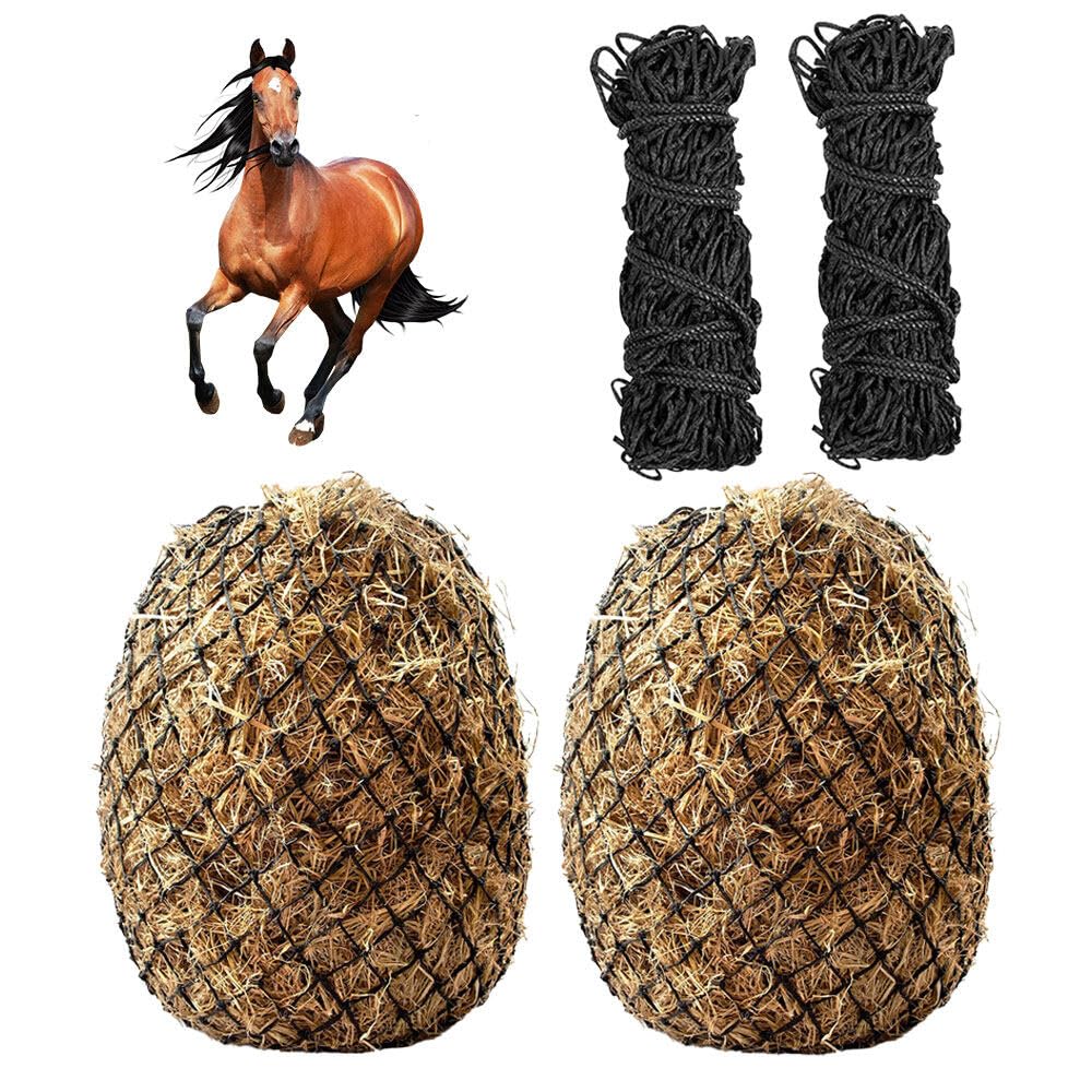 Siatka na siano dla koni, siatka na sianę, o wąskich oczkach, 5 x 5 cm, duża 10 kg, worek na siano z wąskimi oczkami, do karmienia koni, poprawia trawienie, worek na karmę w podróży (czarna)