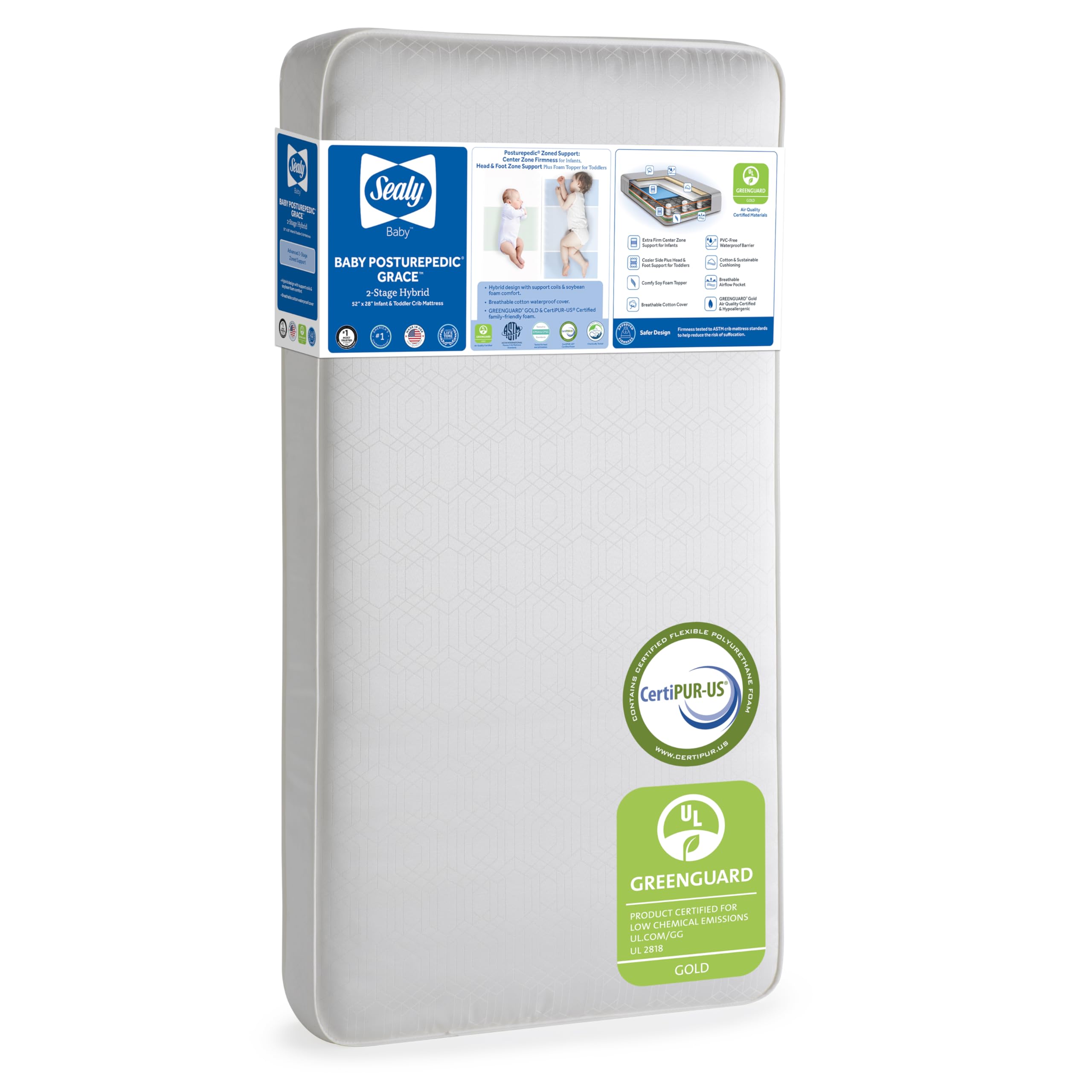 Posturepedic Grace Hybrid - Firm 2-Stage Crib Mattress with Breathable Waterproof Barrier - GREENGUARD Gold Certified, Soy-enhanced Foam for Infants and Toddlers, Made in the USA (52x28")
