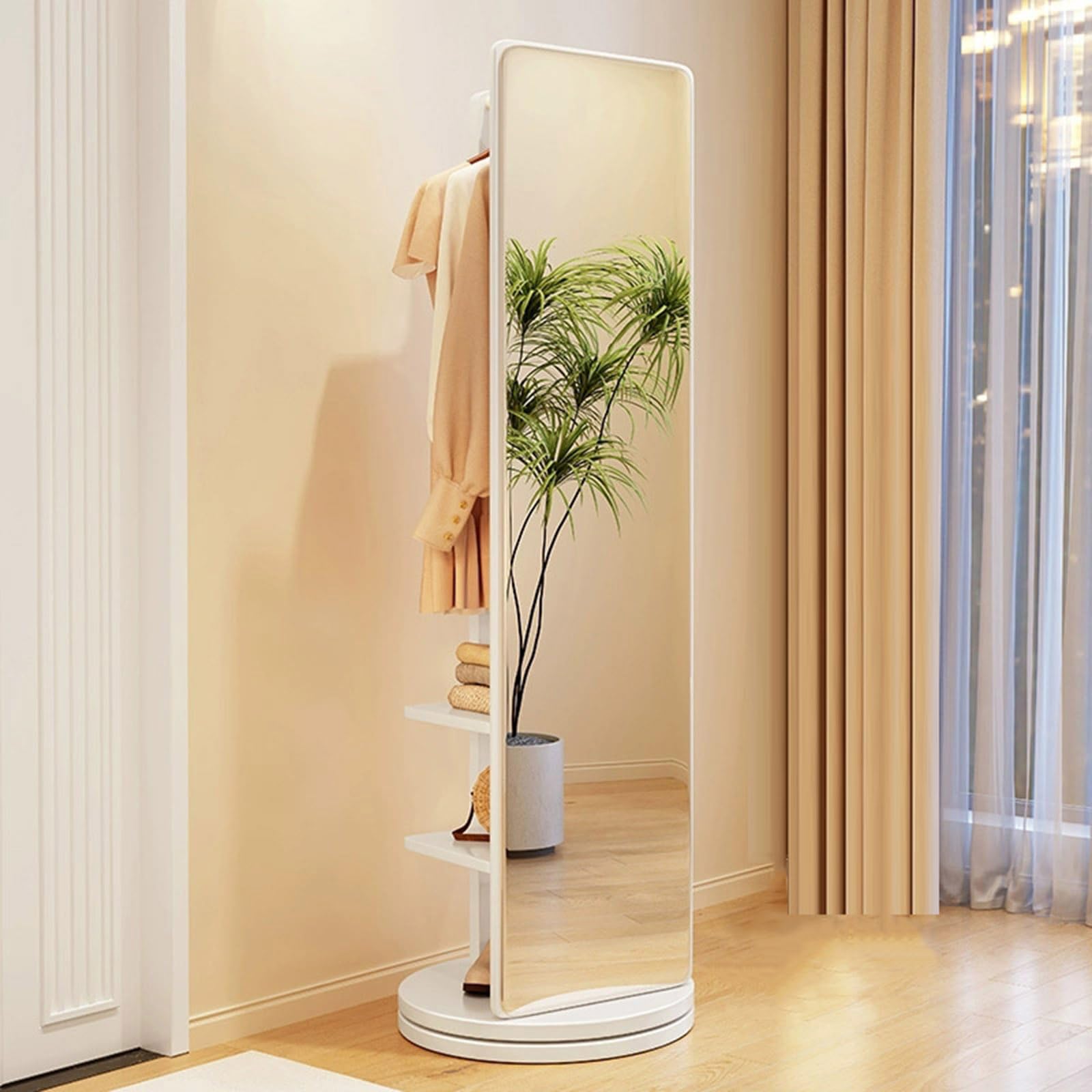 Espejo de cuerpo entero con perchero, giratorio de 360° de madera maciza, espejo grande de cuerpo completo con ganchos para colgar, espejo de piso independiente 2 en 1, colgador de ropa para sala de