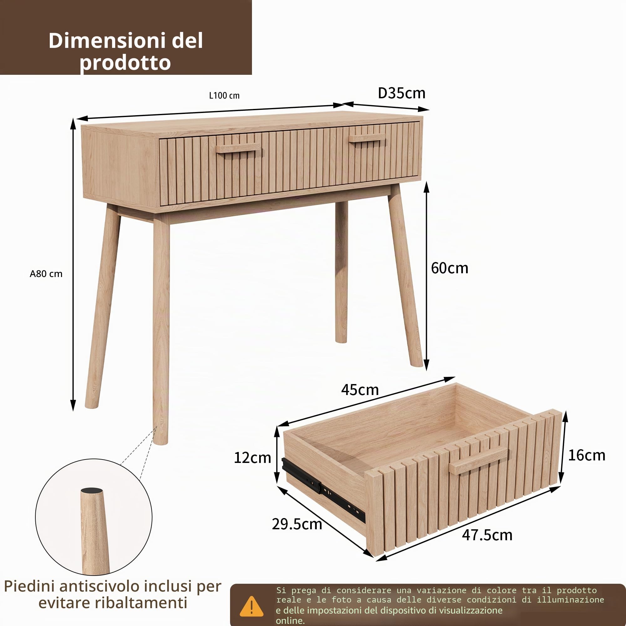 Tavolo Consolle Con 2 Cassetti, Tavolino Stretto per Ingresso, Mobile Accento in Legno per Corridoio, Soggiorno, Camera Da Letto, Naturale