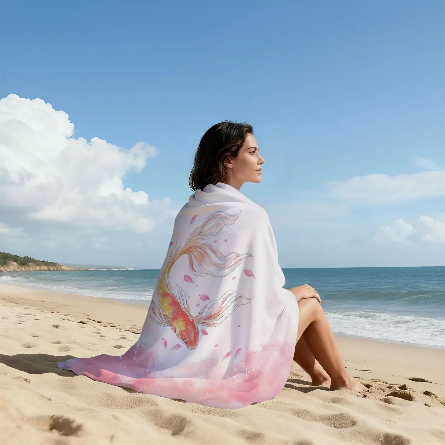 Dreamy - Toalla de playa con acuarela, secado rápido, sin arena, ligera, de microfibra, para natación, viajes, vacaciones, tranquila, elegante, animales japoneses, 200 x 100 cm