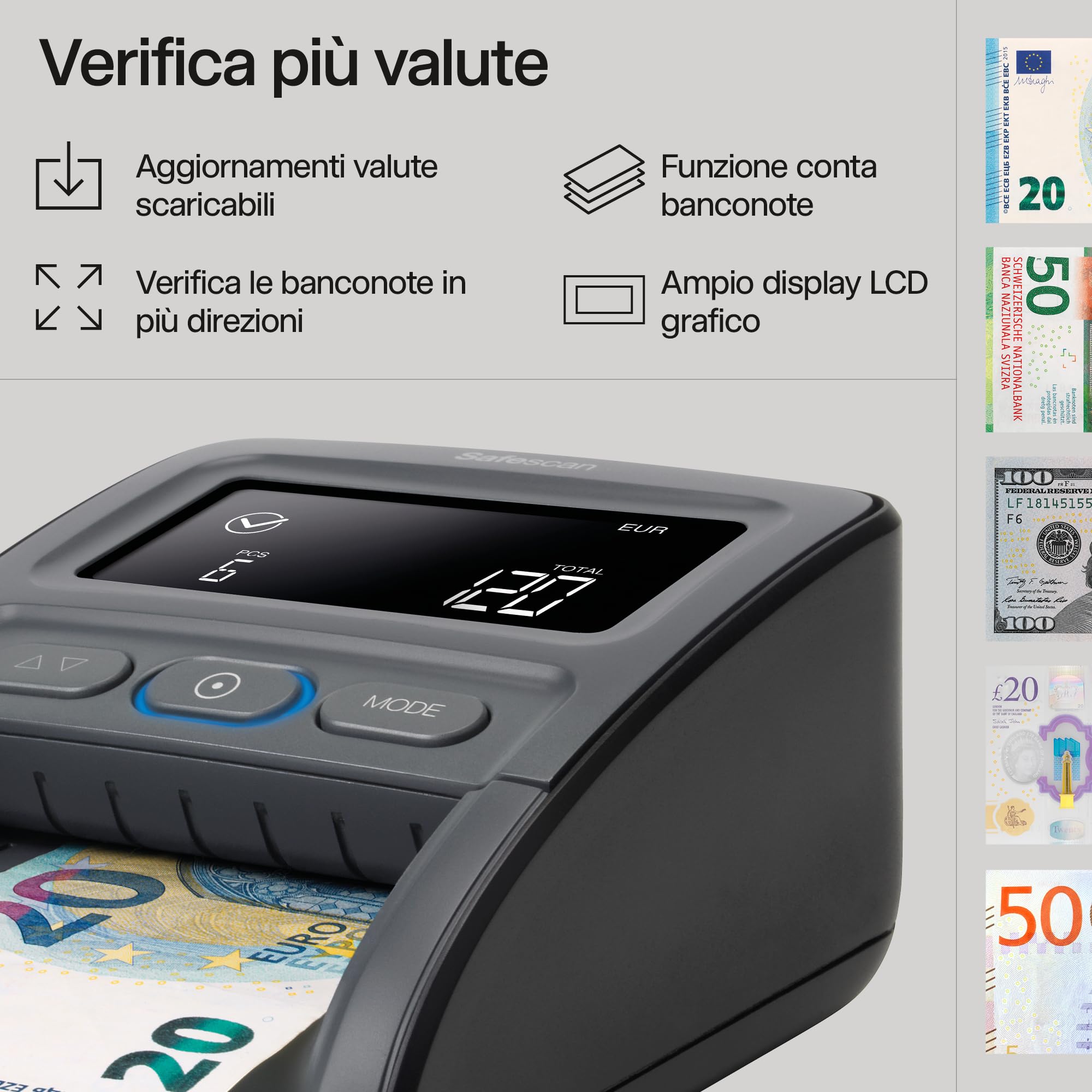 Safescan 155-S Verifica banconote portatile completo che verifica le banconote - Verificatore del falso a 7 punti - Accurato Verifica banconote al 100% con batteria e impilatore banconote inclusi