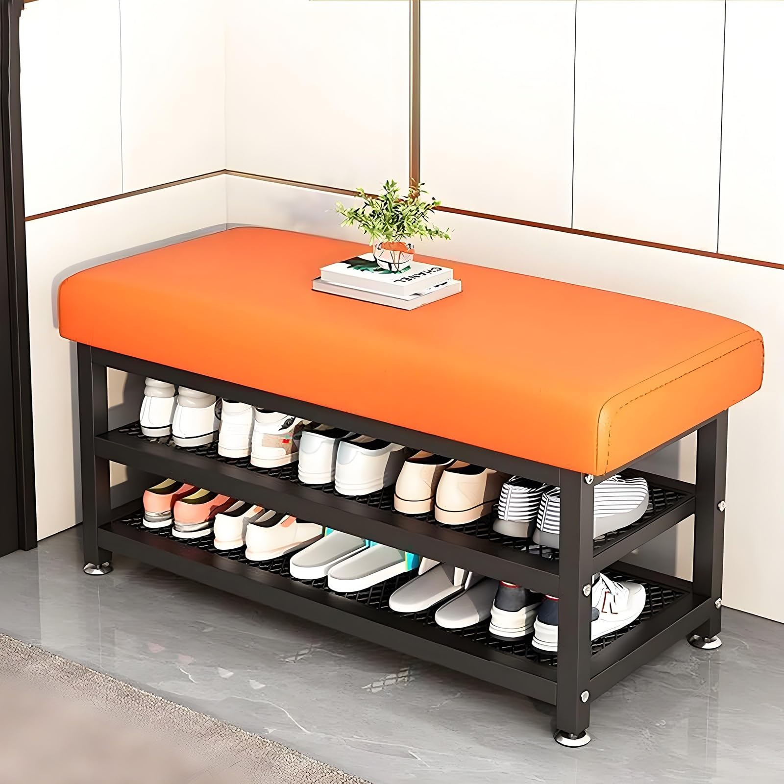 Banc à chaussures avec assise rembourrée, meuble étagère de rangement pour entrée étroite