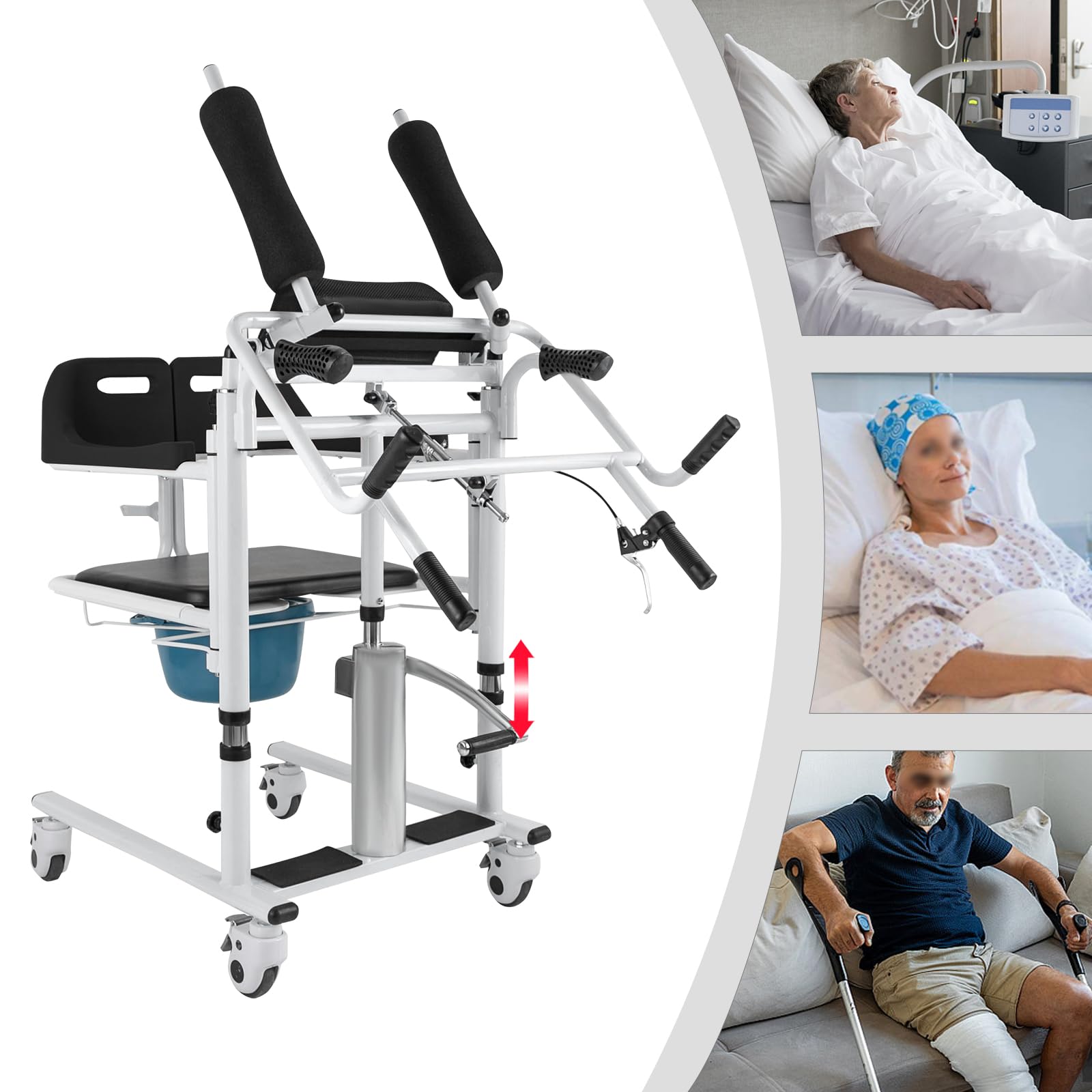 Hydraulischer Patientenlifter Multifunktionale Transferhilfe mit Toiletteneimer Hebestuhl 150kg Tragfähigkeit Hubhilfe mit 4 Bremsrollen Sitzhöhe 48-68cm Pflegelift für Senioren Schwarz 54x85cm