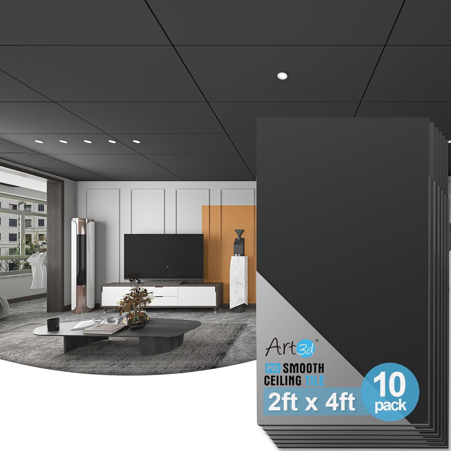 Art3d 10-Pack Smooth Drop Ceiling Tile 2ft x 4ft - Fire-Rated, Waterproof, Reusable - Premium PVC, No Sag and Breakage - Cover 80 Sq. Ft, Black 24*48 Rectangle Black 10