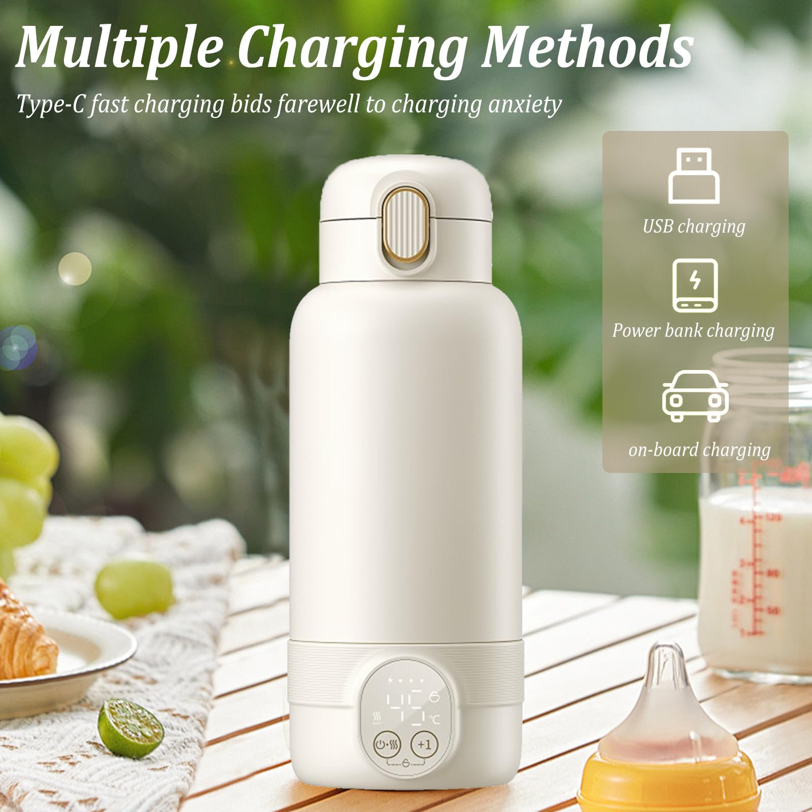 Cordless Portable Bottle Warmer, 500 ml, portatile, regolabile da 37 a 55 gradi, con indicatore LED, scaldabiberon in viaggio, 24 ore, temperatura costante per latte materno e acqua