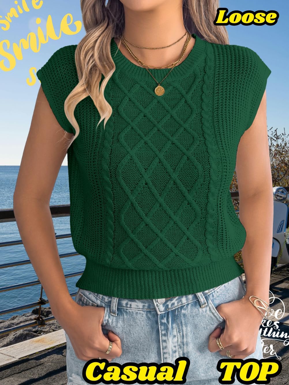 ChiaoLezhee Women's Summer Cap Sleeve Tops, Cable Knit Crewneck, Dressy Trendy Loose Fit Lightweight Sweater Vest