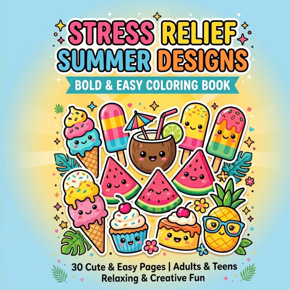 Stress Relief Summer Designs: Bold and Easy Coloring Book for Adults and Teens Featuring Cute Summer Treats, Tropical Drinks, Ice Creams, Relaxing Vacation Vibes and Fun Simple Designs