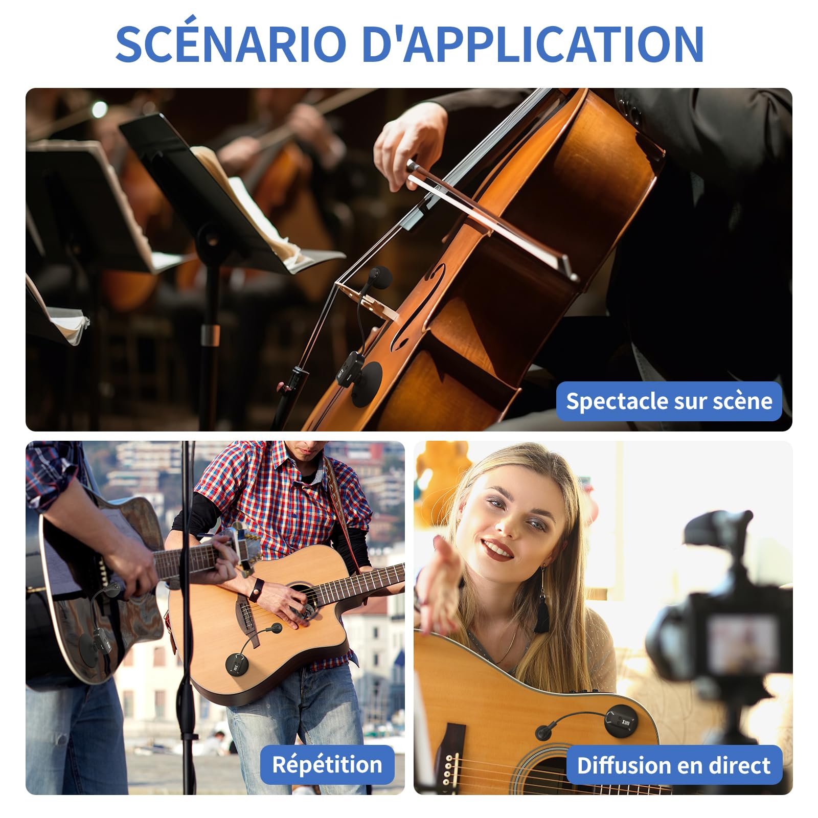 XTUGA Microphone sans Fil pour Instrument 2.4G Rechargeable Guitare Violon Violoncelle Batterie 6 Heures KX-722-1