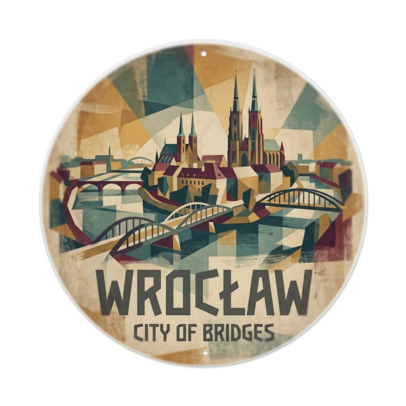 Vintage Travel Wroclaw Poland Bridges Metal Tin Sign Plaque Wall Decor for Cafe, Club Bar, Office, Home Garden Round Metal Poster 8x8Inch
