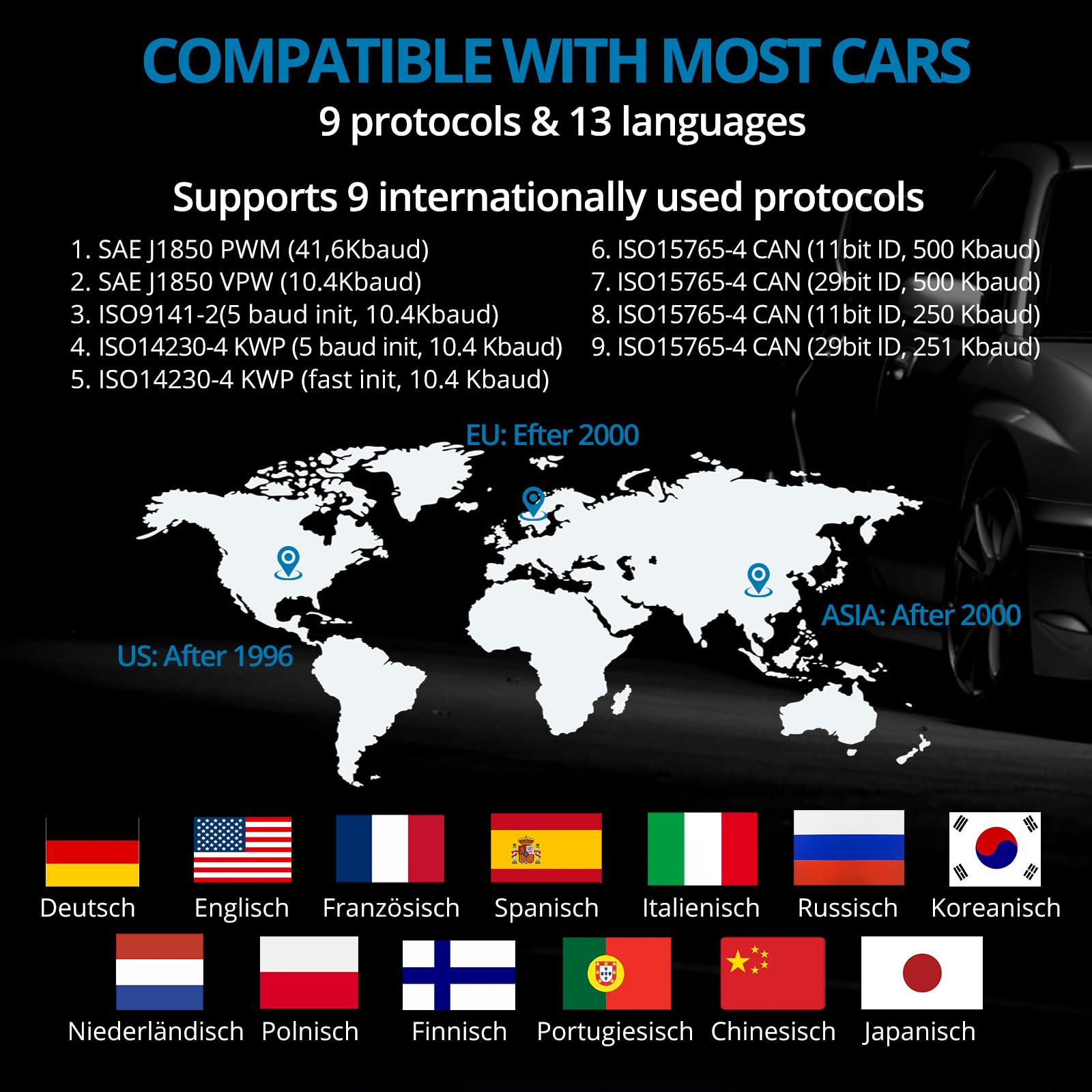 AUTOUTLET Lector de códigos de escáner OBD2 para diagnóstico rápido y borrado de códigos de Problemas, Amplia Biblioteca DTC con 13 Idiomas, Compatible con Varios protocolos de vehículos para