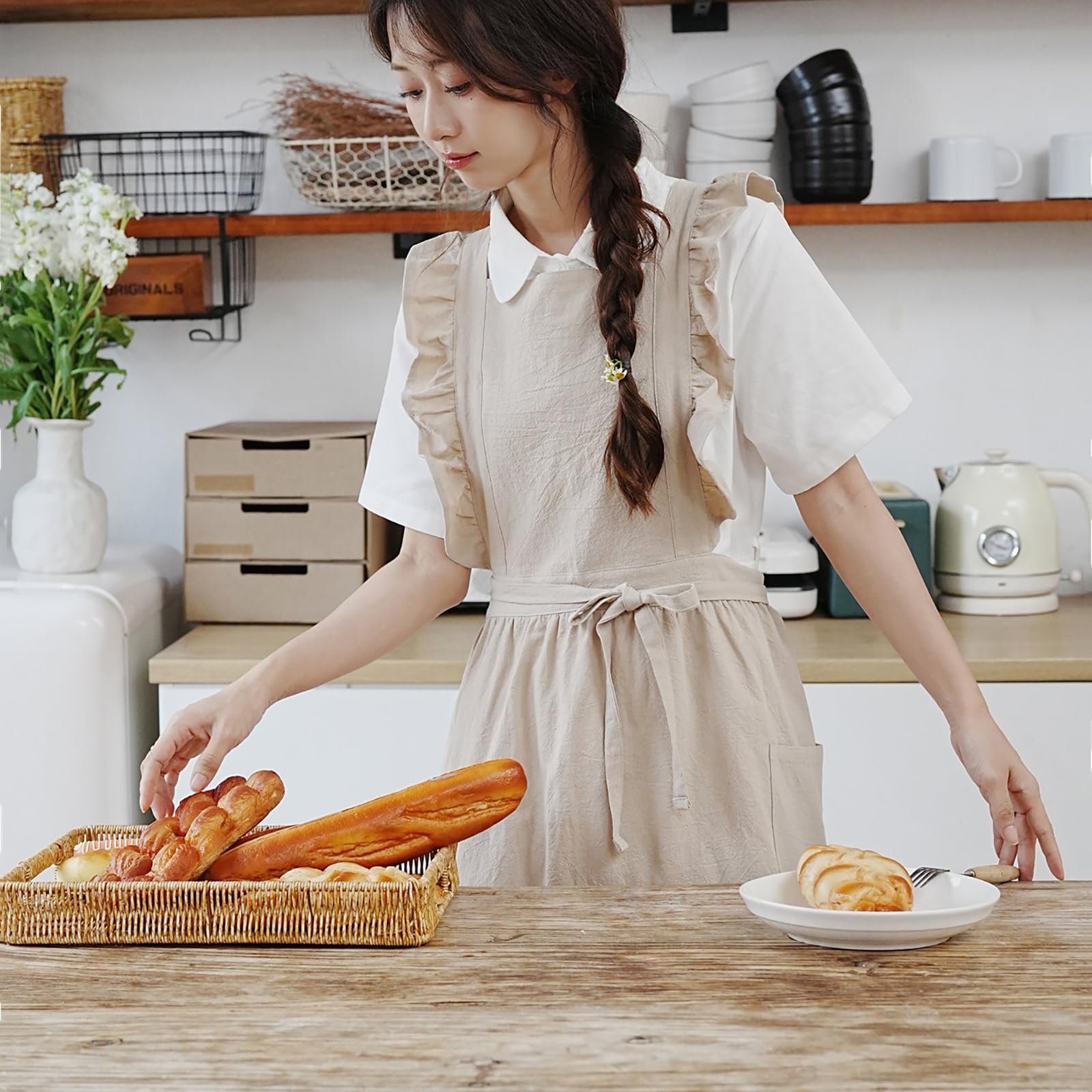 Tablier vintage en coton résistant aux taches avec poches pour la cuisine, la peinture, la pâtisserie