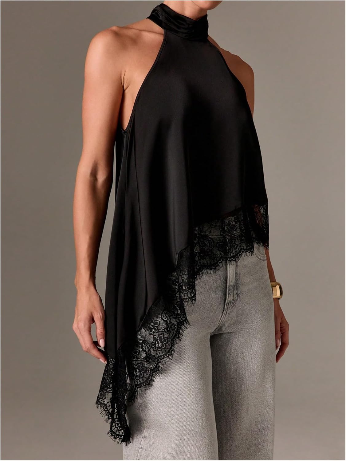 SweatyRocks Women's Lace Patchwork Asymmetrical Halter Top Dressy Sleeveless Flowy Tank Tops - Image 4