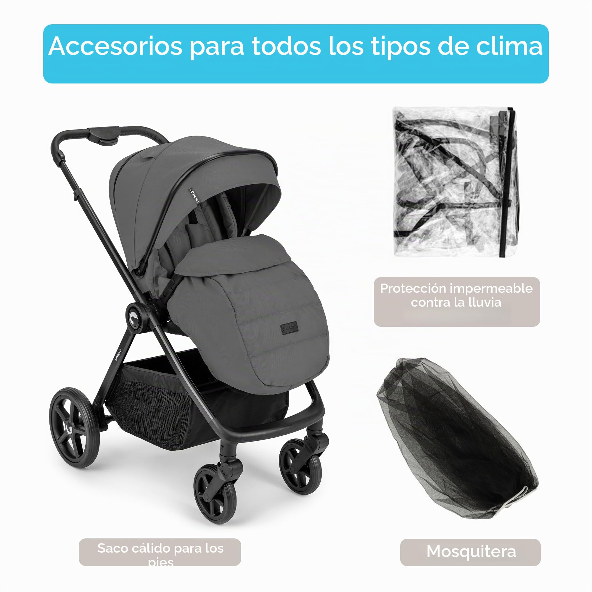 Älskar - Cochecito de bebé reversible, plegable, compacto, hasta 22 kg, respaldo ajustable, techo con protección UV, cinturón de 5 puntos, cubierta para lluvia, mosquitera, bolsa gris oscuro