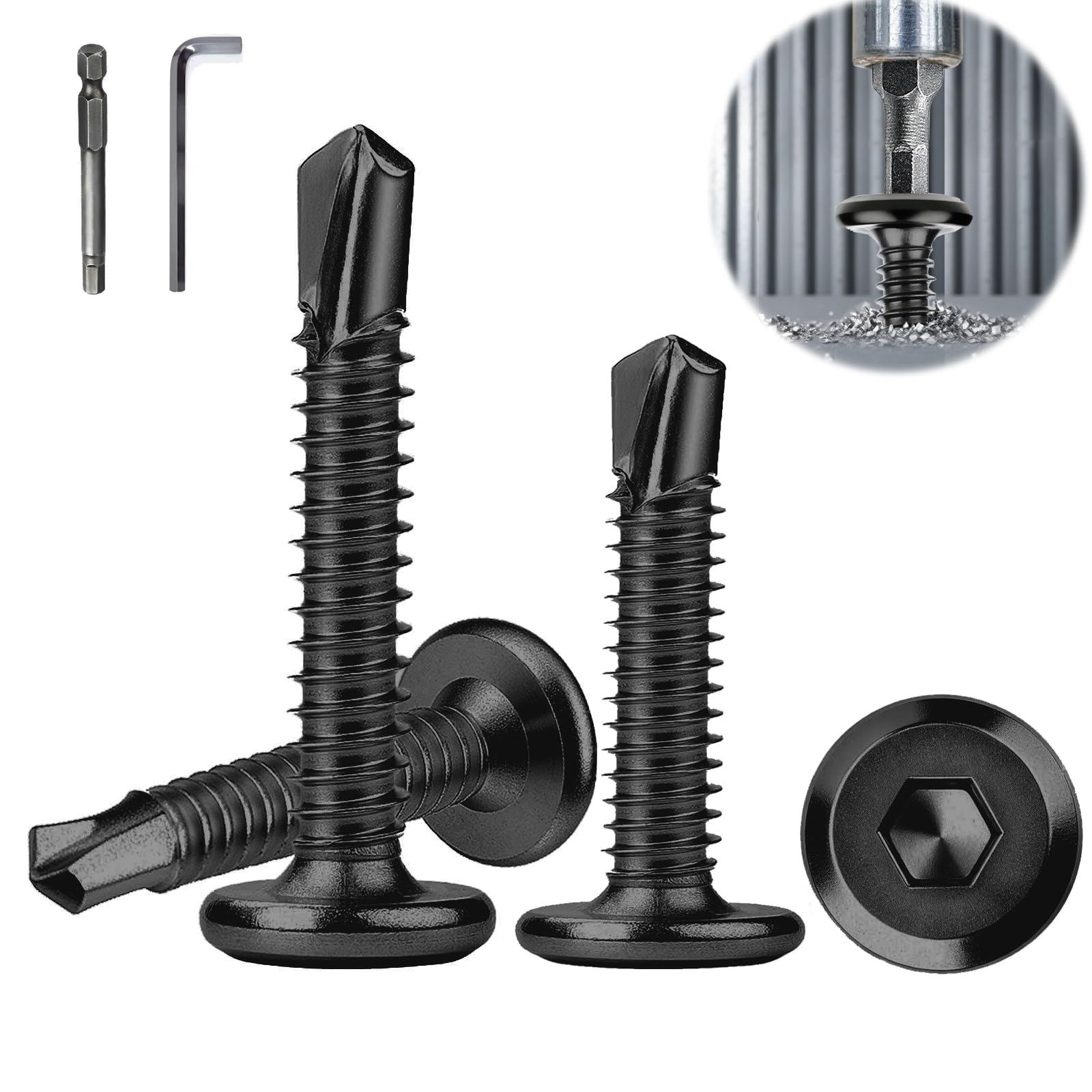 Hexizexi 100 PCS Self Tapping Screws Metal 5.5x45 mm Self Drilling Flat Head Stainless Steel Black Screws with Hex Socket Bit and Hex Key for Metal Plastics