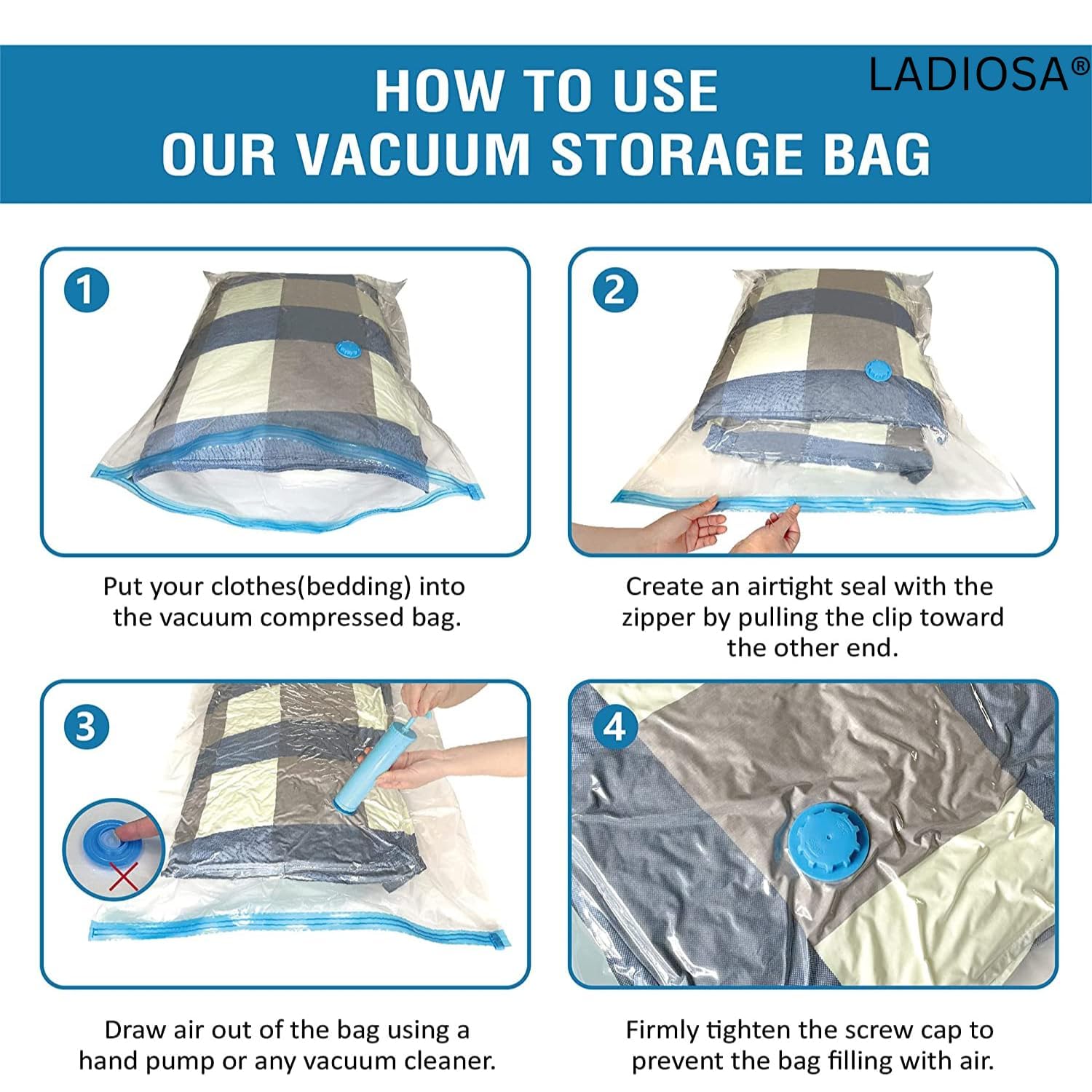 5 Pack Smart Saver Vacuum Bags for Travel, Space Saver Bags (1 Large/2 Medium/2 Small) Compression Storage Bags for Clothes, Comforters, Blankets Storage Vacuum Sealer Bags for Clothes Storage, 4
