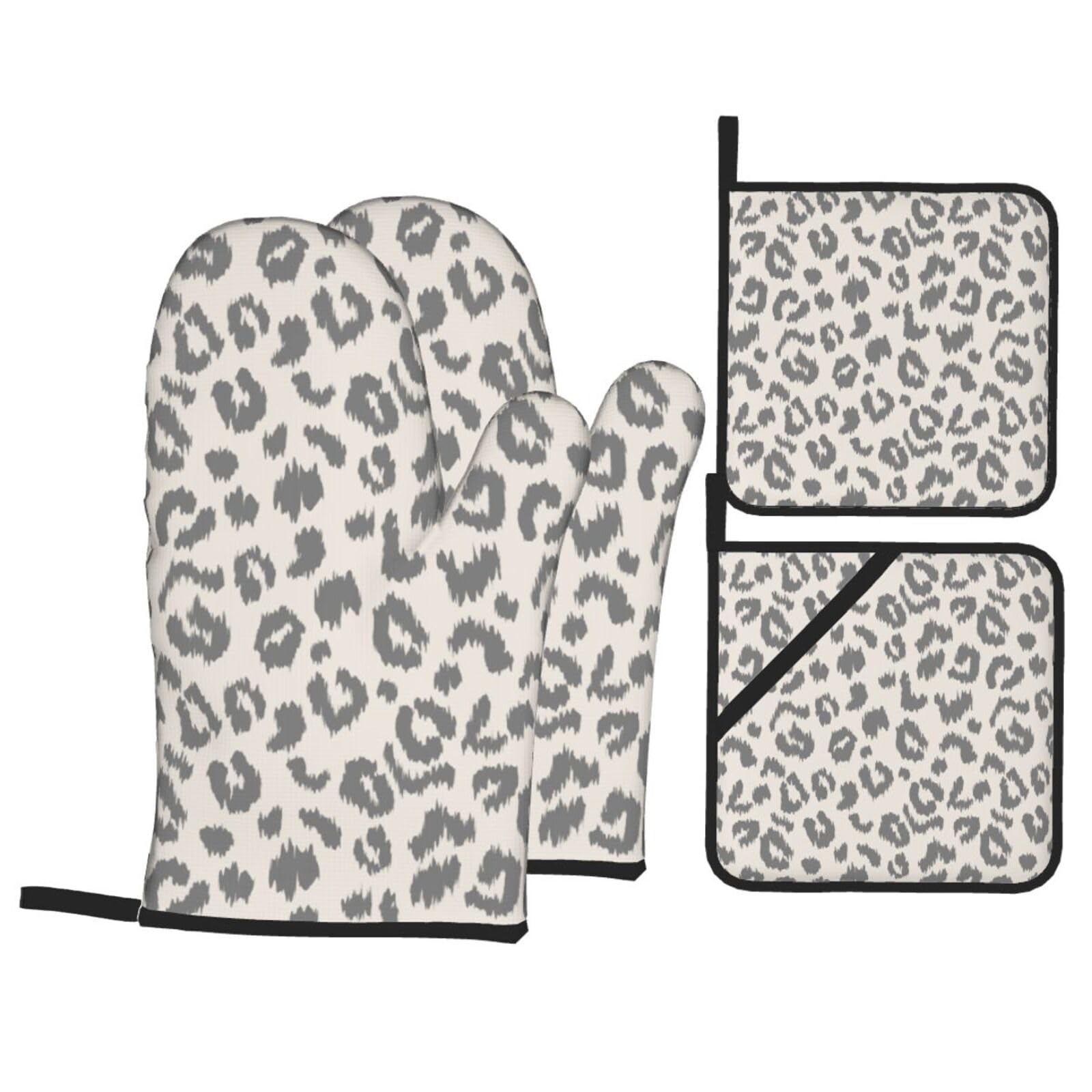 Grey Leopard Oven Mitts and Pot Holders Sets - Animal Print Kitchen Mitts Potholders 4 Pack Heat Resistant Vintage Cheetah Oven Gloves Hot Pads for Kitchen Baking Grilling Party