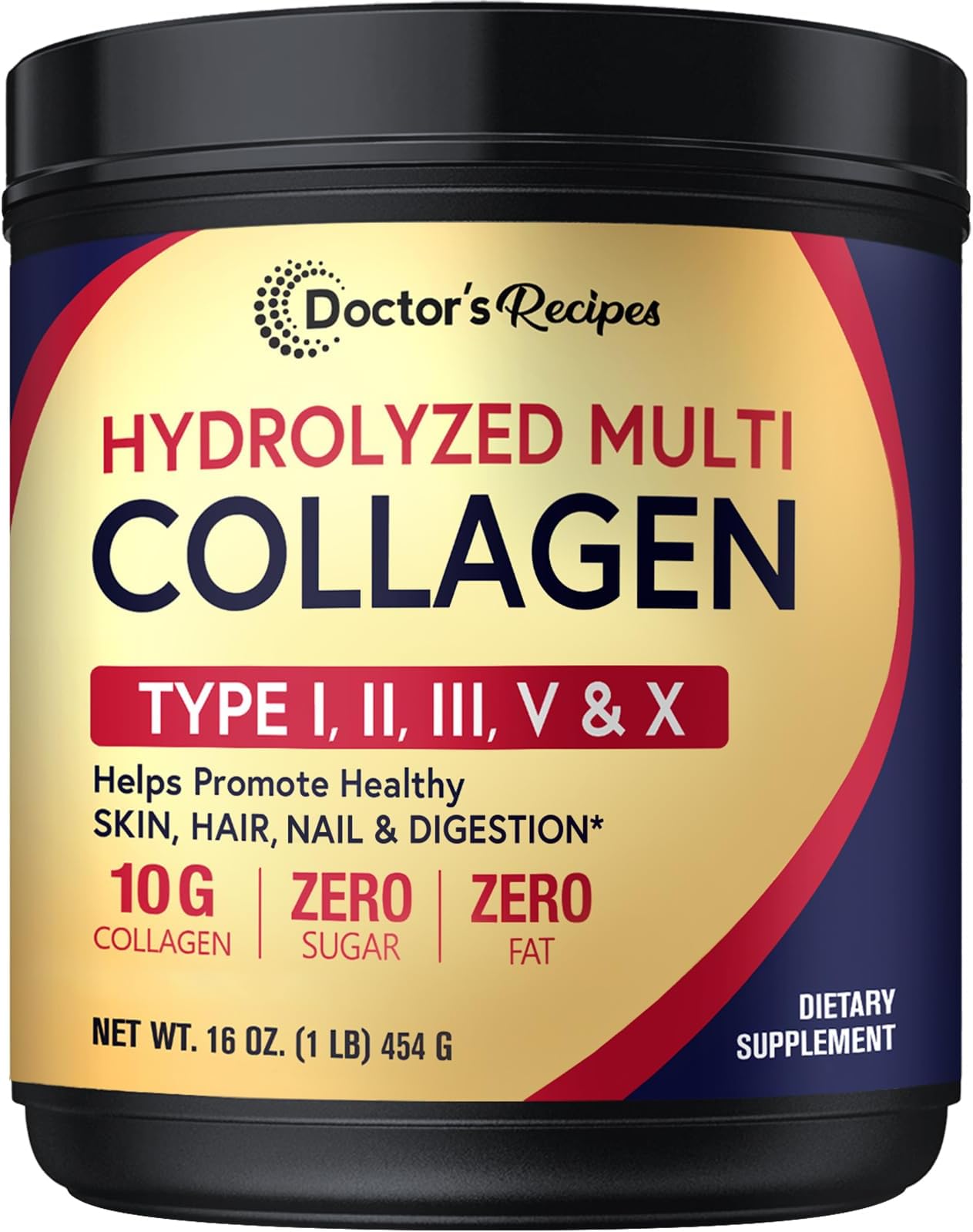 Doctor's Recipes Multi Collagen Peptides Powder for Women & Men, Grass-Fed Bovine Hydrolyzed Protein Type I II III V X, for Skin, Hair, Nails, Unflavored, Easy to Dissolve, Paleo & Keto, 16oz