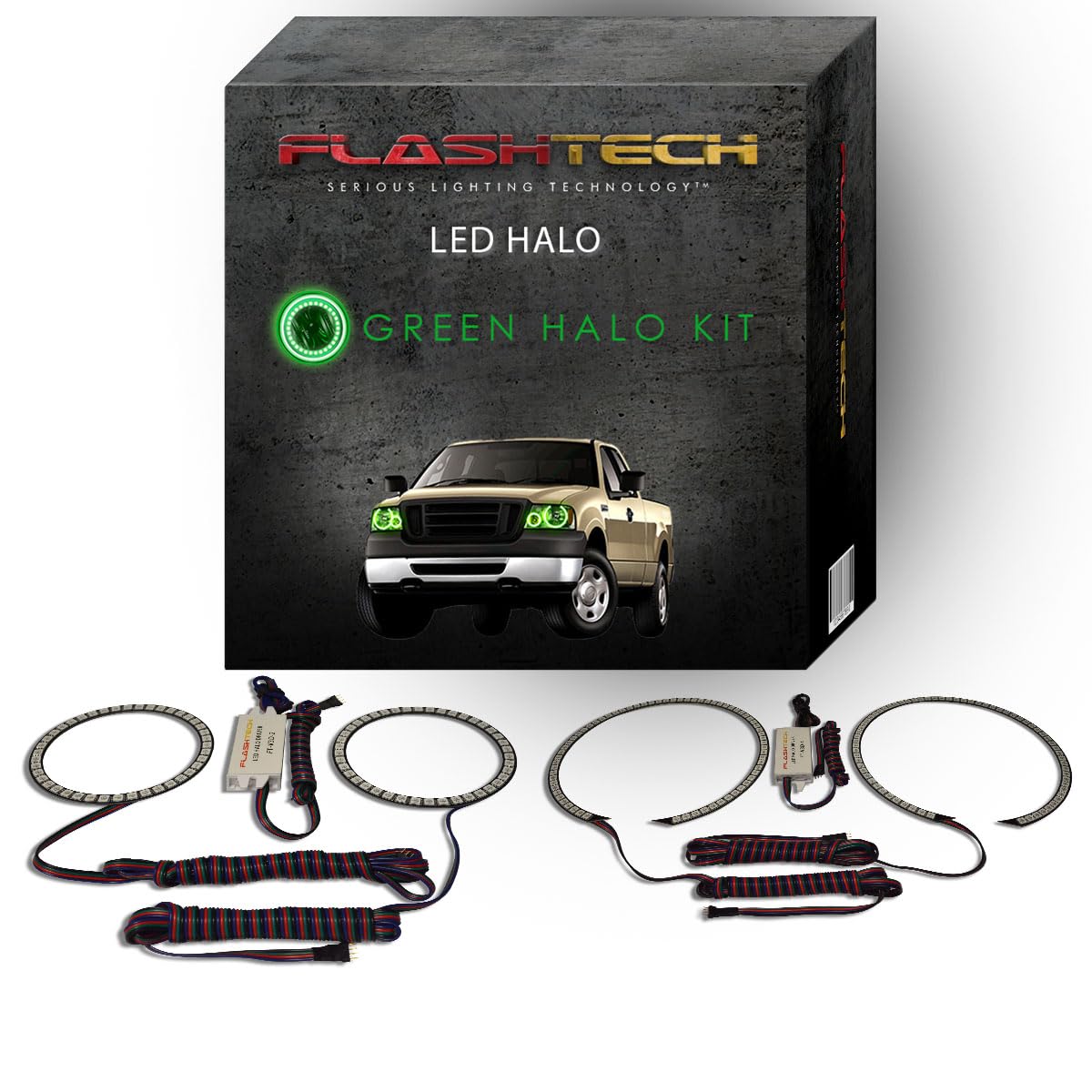 Flashtech Bright Green LED Halo Ring Headlight Kit Compatible With Ford F-150 04-08